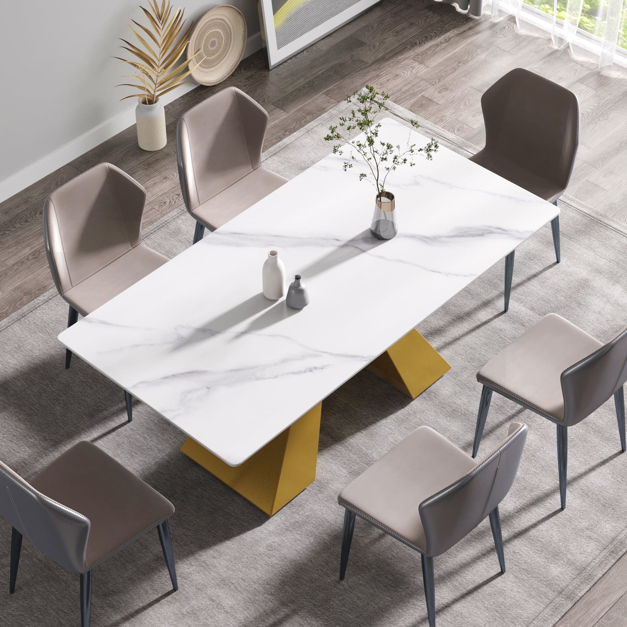 70.87" modern artificial stone white straight edge golden metal leg dining table-can accommodate 6-8 people