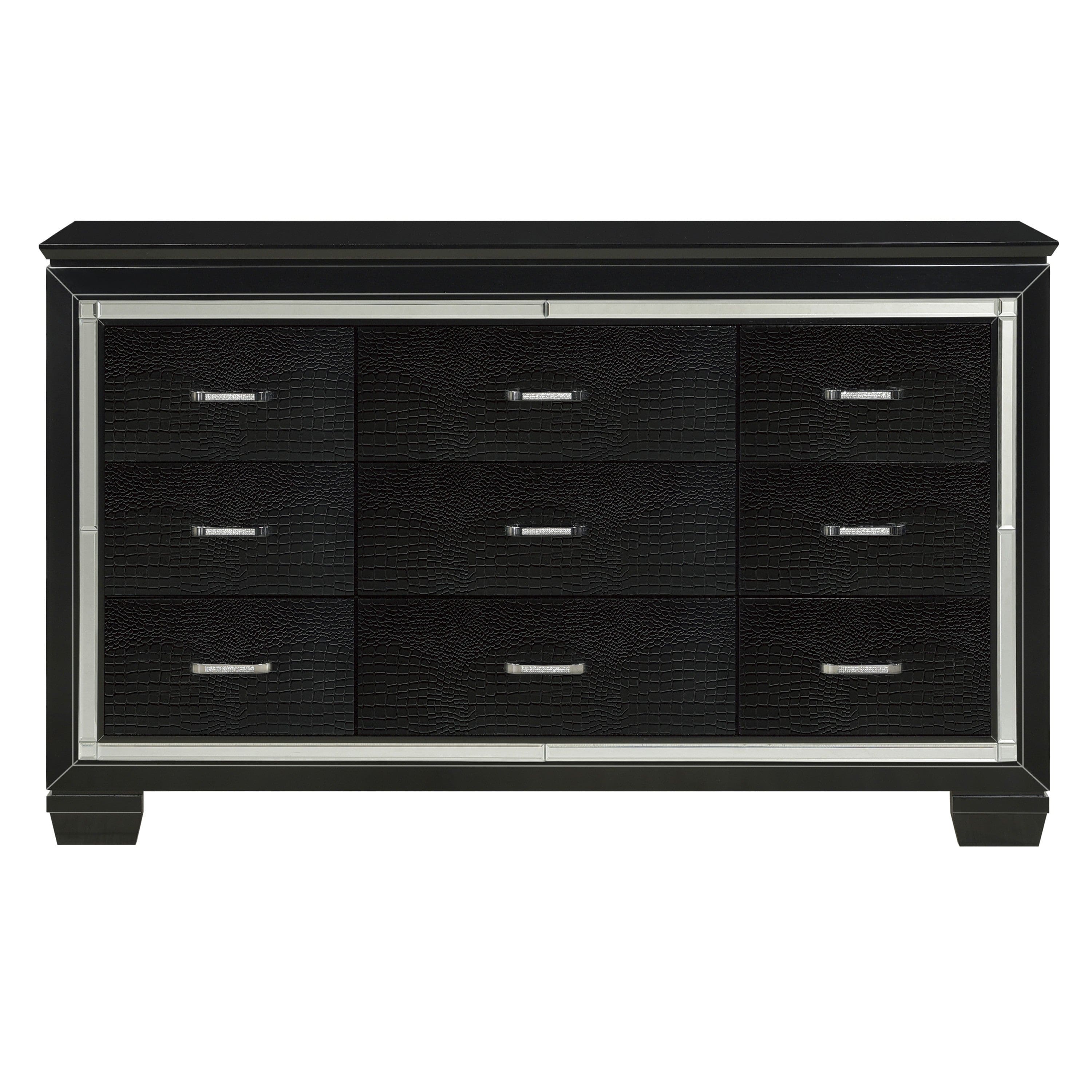 Black Finish Dresser Bold Desing 9 Drawers Glamorous Faux-Alligator Textured Fronts Wooden Bedroom Furniture