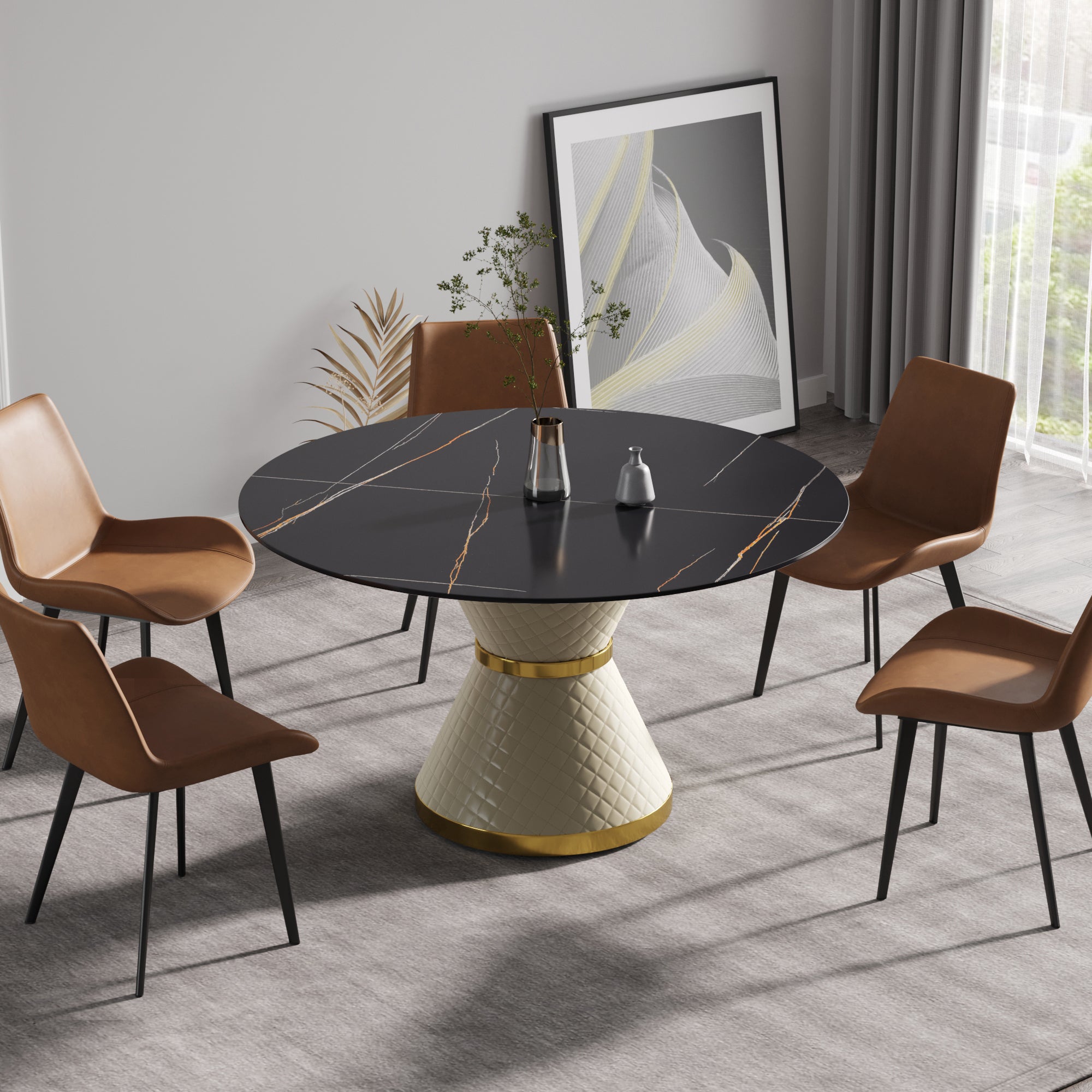 53.15"Modern artificial stone round white carbon steel base dining table-can accommodate 6 people