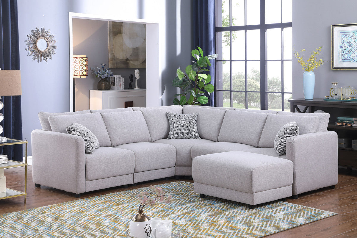 Penelope Light Gray Linen Fabric Reversible L-Shape Sectional Sofa with Ottoman and Pillows