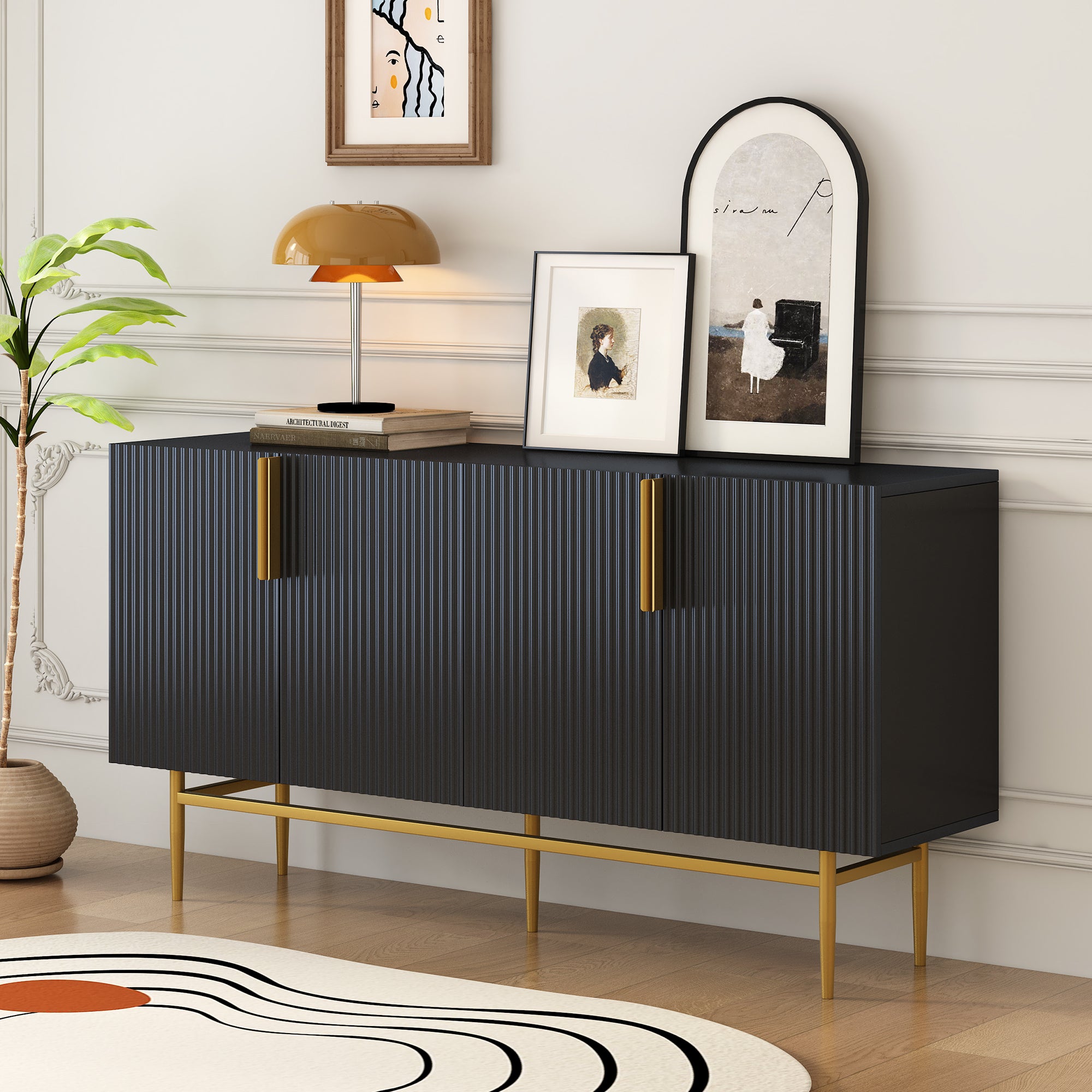 TREXM Modern Elegant 4-door Sideboard Gold Metal Handle Buffet Cabinet for Dining Room, Living Room, Bedroom, Hallway (Black)