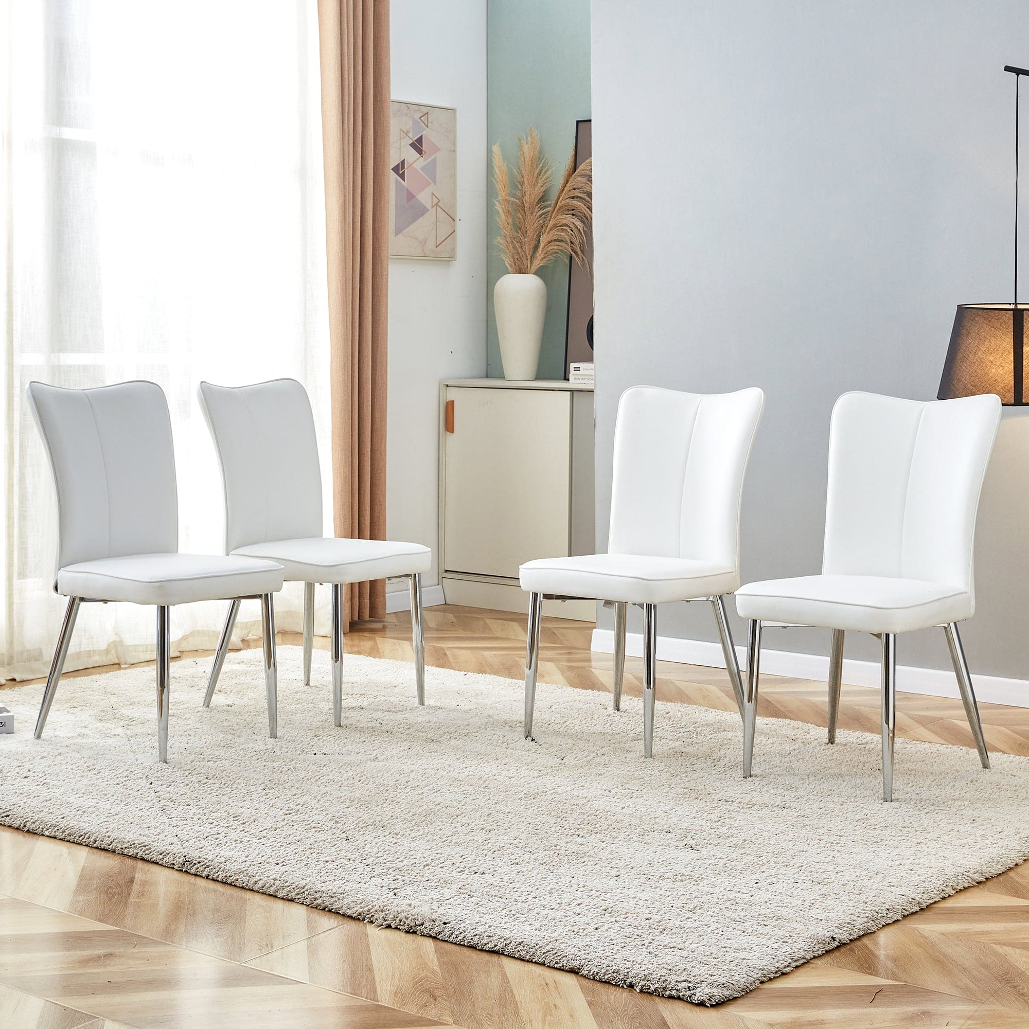 Modern minimalist dining chairs, office chairs. 4-piece set of white PU seats with silver metal legs. Suitable for restaurants, living rooms, and offices. C-008