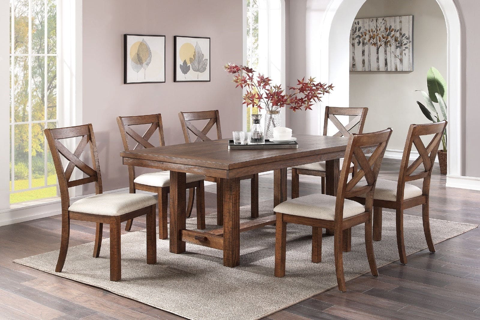 Dining Table and 6x Side Chairs Natural Brown Finish Solid wood 7pc Dining Table Wooden Contemporary Style Kitchen Dining Room Furniture