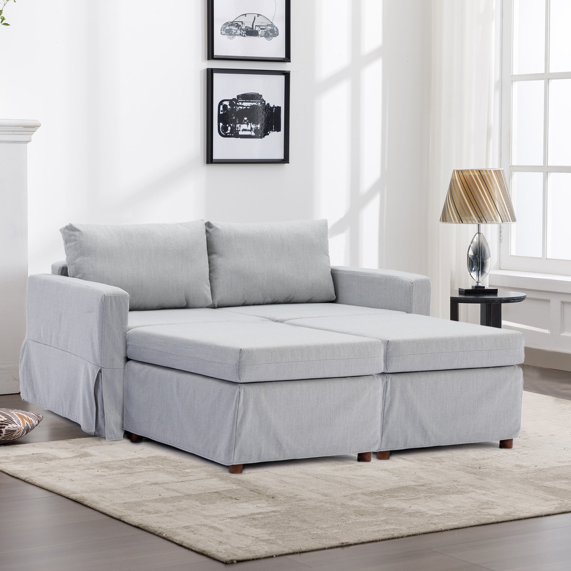 2 Seat Module Sectional Sofa Couch With 2 Ottoman,Seat Cushion and Back Cushion Removable and Washable,Light Grey