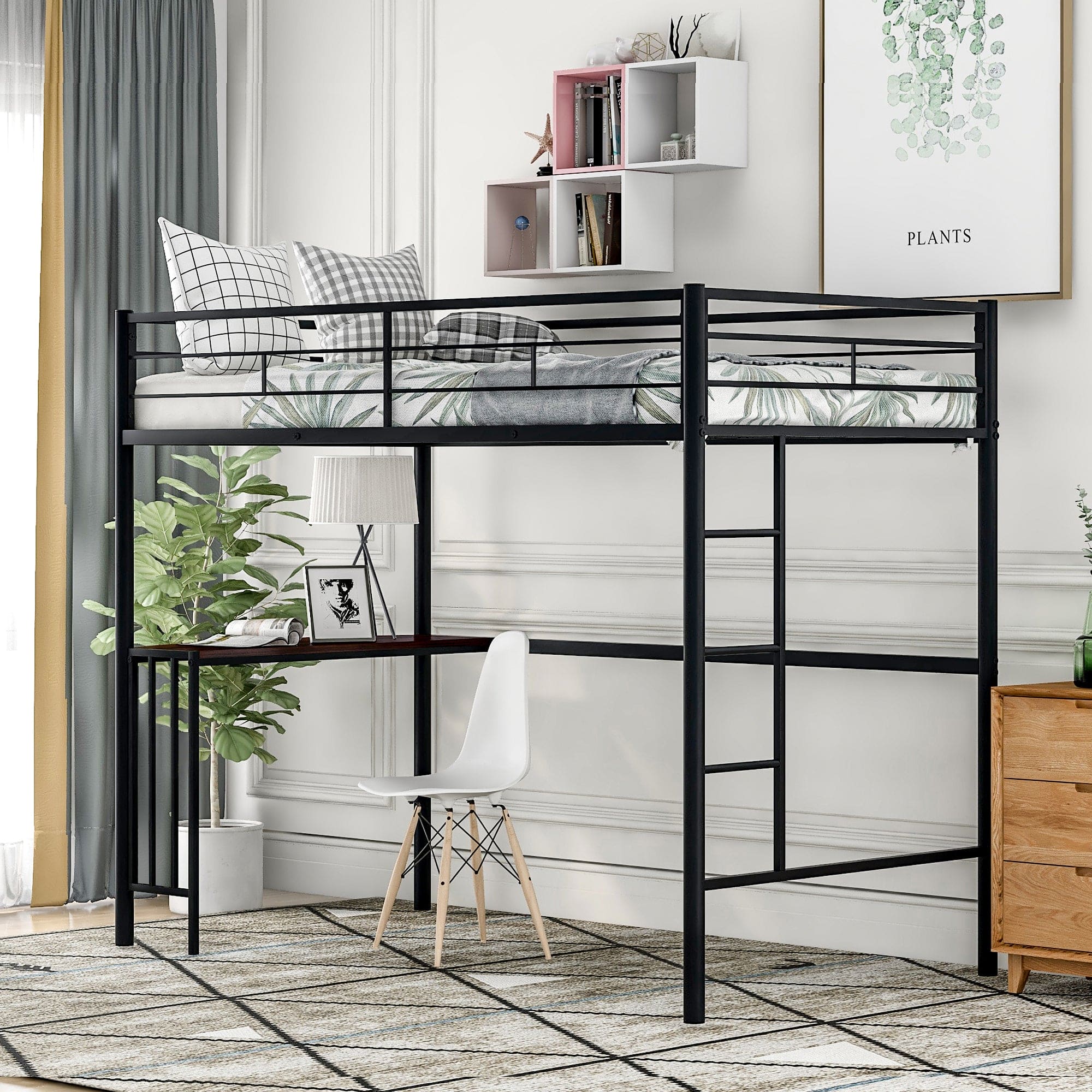 Twin Metal Bunk Bed with Desk, Ladder and Guardrails, Loft Bed for Bedroom, Black(OLD SKU : MF195191AAB)