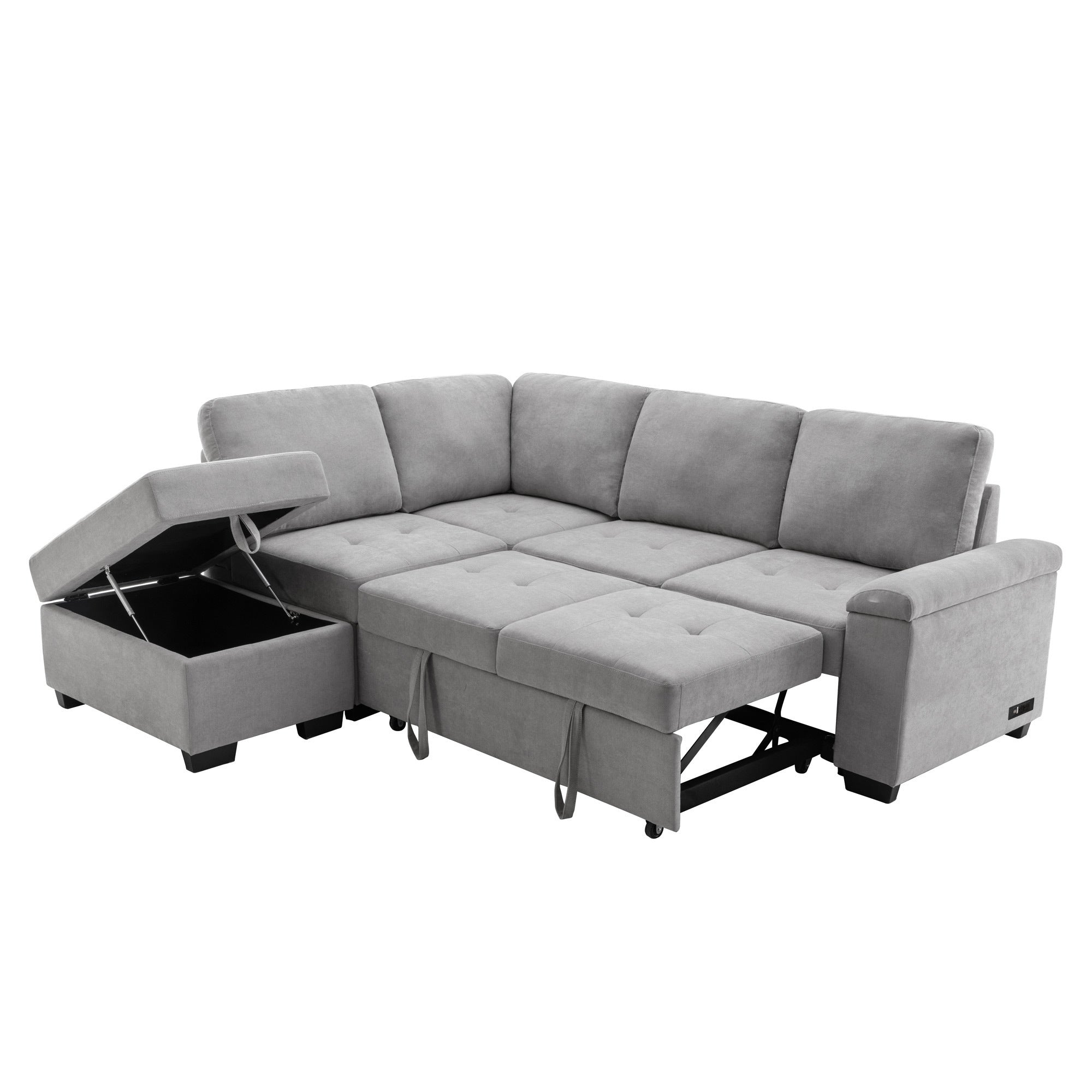 Sleeper Sectional Sofa, L-Shape Corner Couch Sofa-Bed with Storage Ottoman & Hidden Arm Storage & USB Charge  for Living Room Apartment, Gray