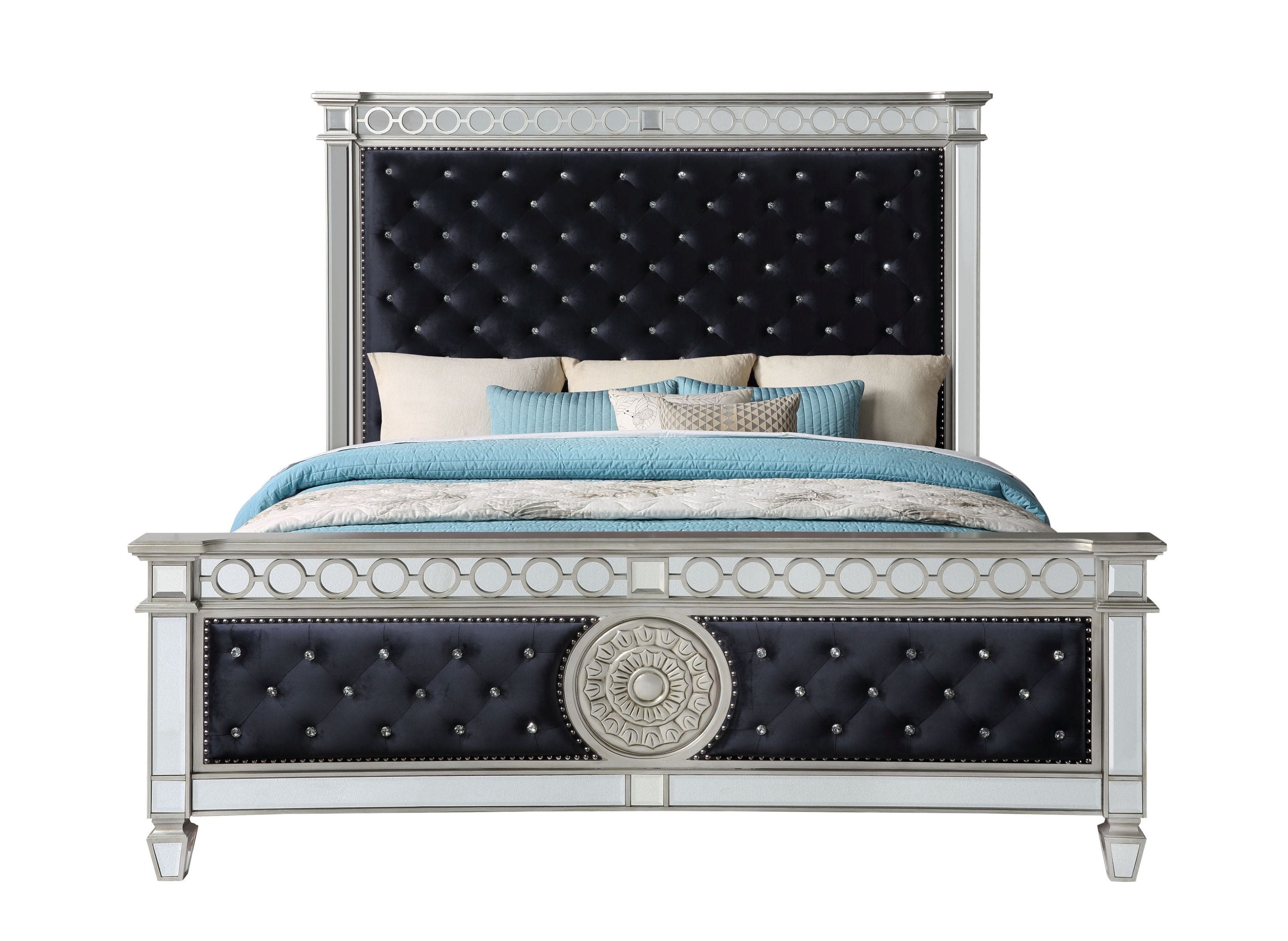 ACME Varian Dark Navy Velvet & Mirrored Queen Bed 27350Q