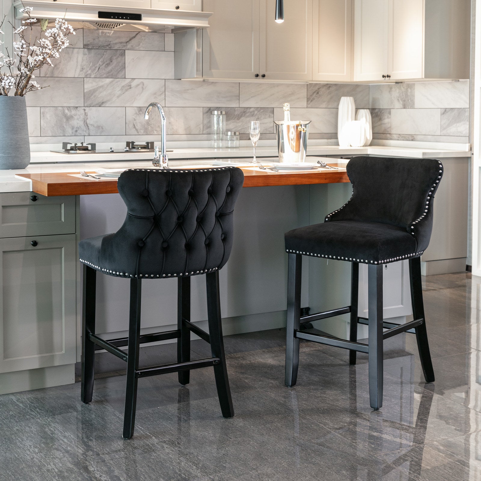 A&A Furniture,Contemporary Velvet Upholstered Wing-Back Barstools with Button Tufted Decoration and Wooden Legs, and Chrome Nailhead Trim, Leisure Style Bar Chairs,Bar stools,Set of 2 (Black),SW1824BK