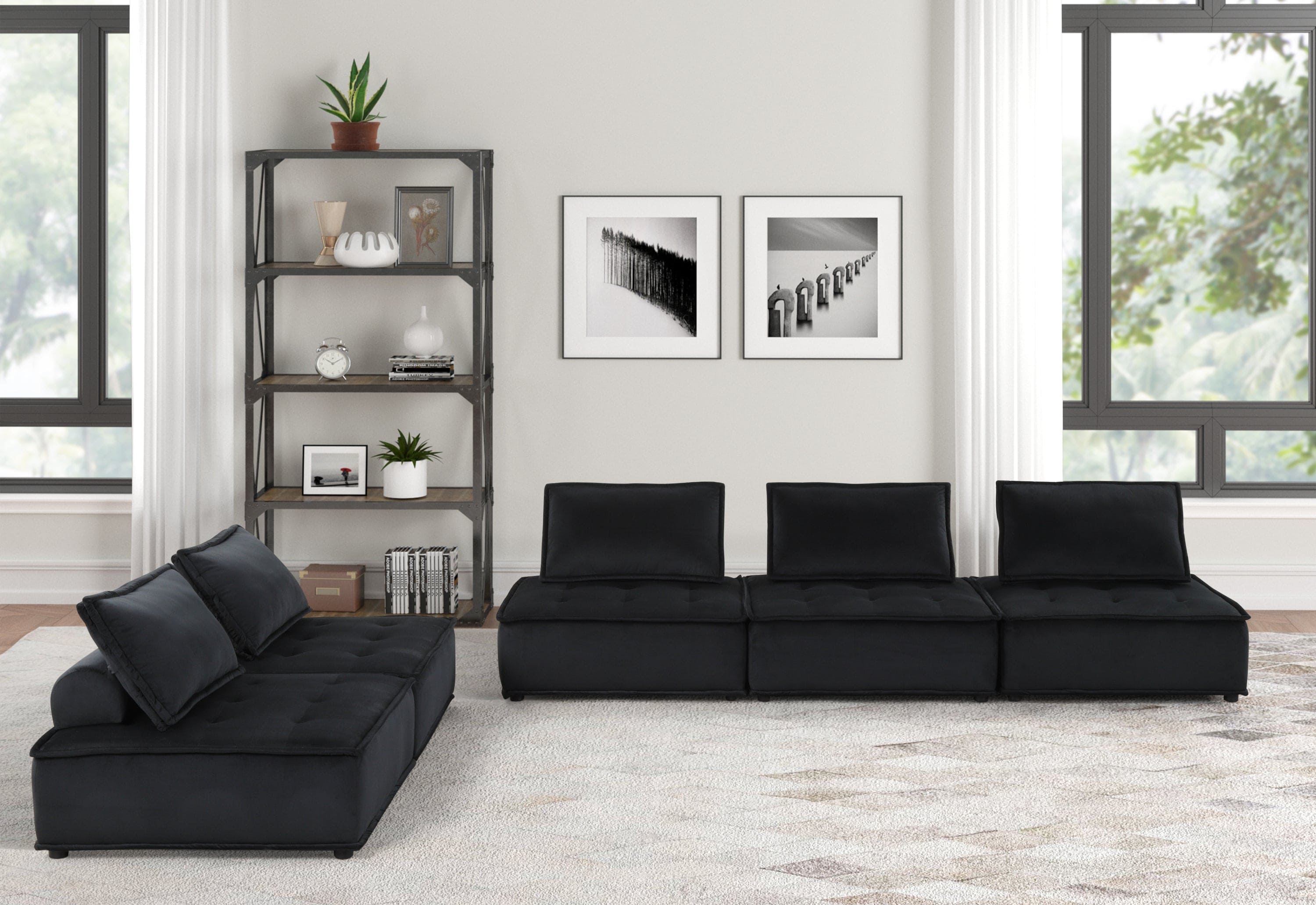 Anna Black Velvet 5 Pc Sofa and Loveseat