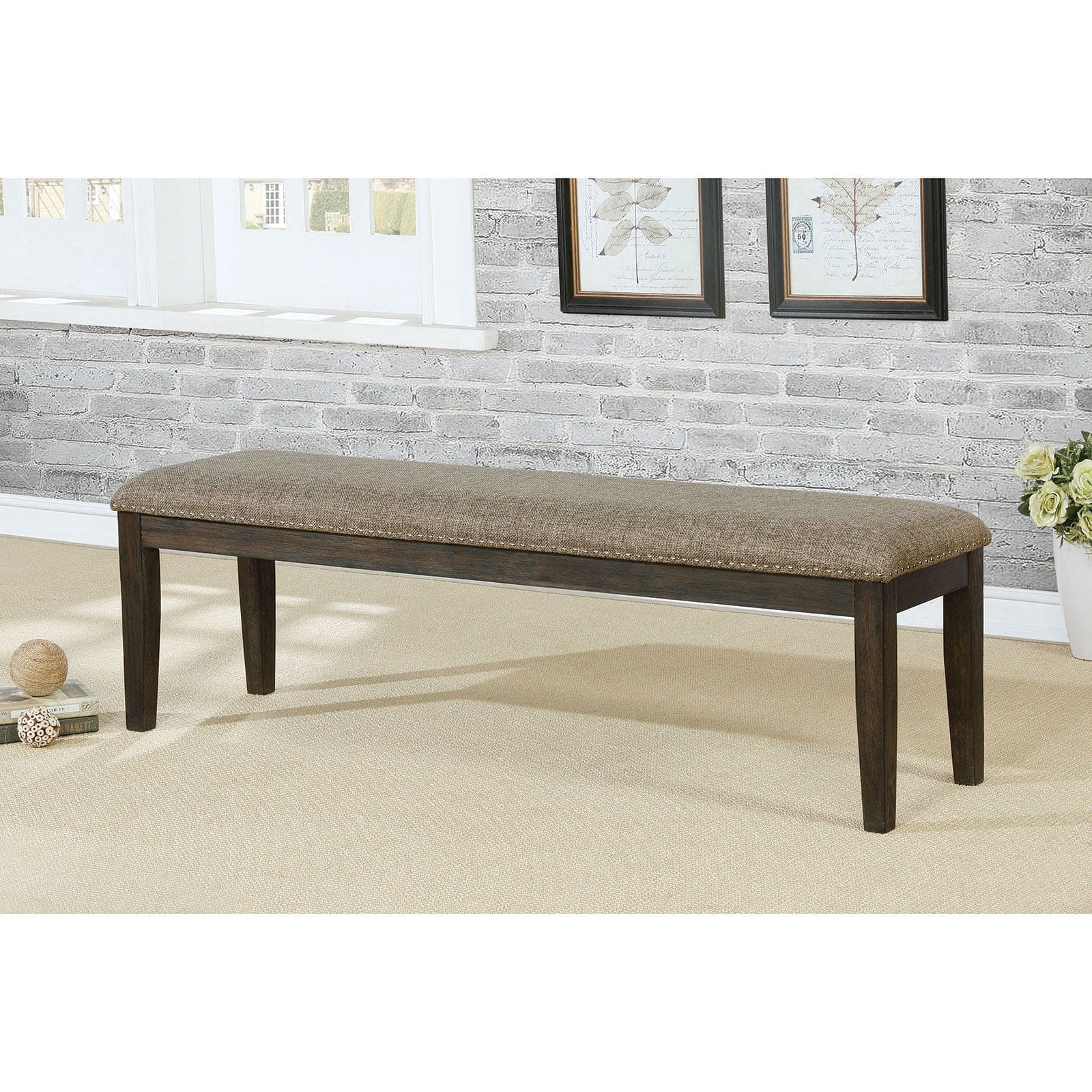 Transitional 1pc BENCH Only Espresso Warm Gray Nail heads Solid wood Fabric Upholstered Padded Seat Kitchen Rustic Dining Room Furniture