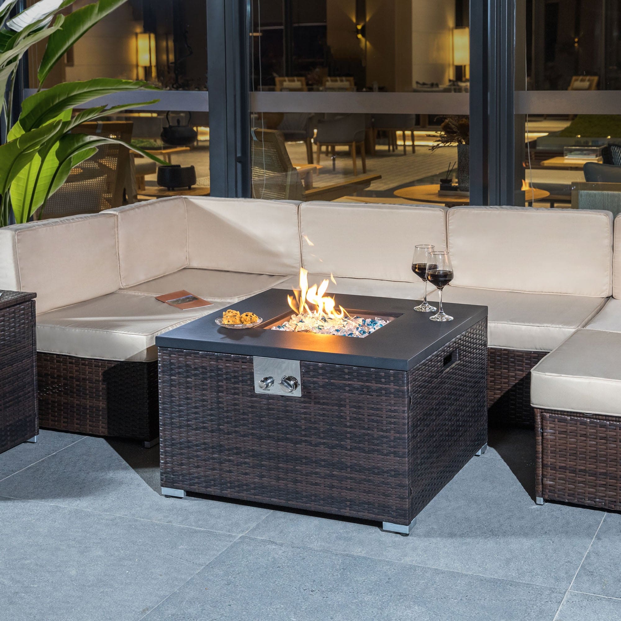 Outdoor Gas Fire Pit  Square Dark Brown Wicker Fire Pit Table Propane Fire Table with Glass Rocks