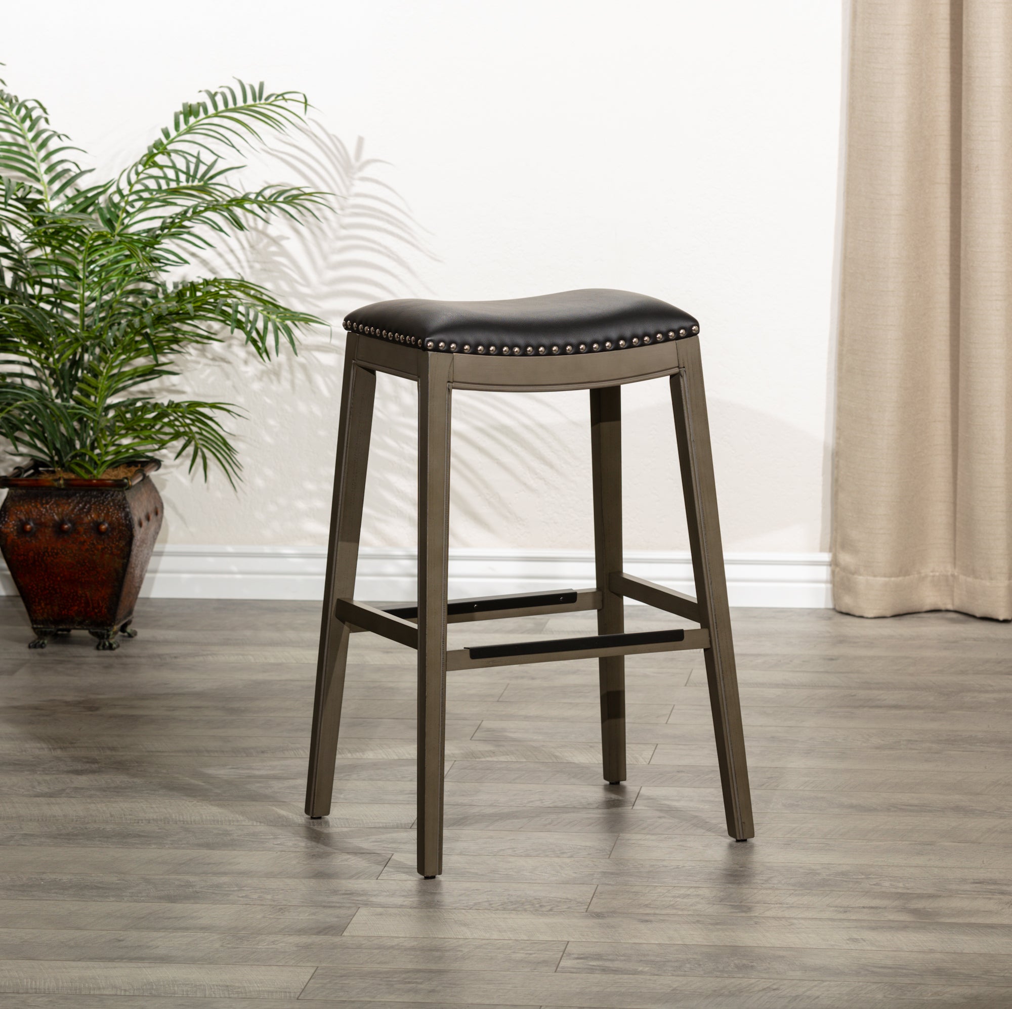 30" Bar Height Saddle Stool, Weathered Gray Finish, Black Leather Seat