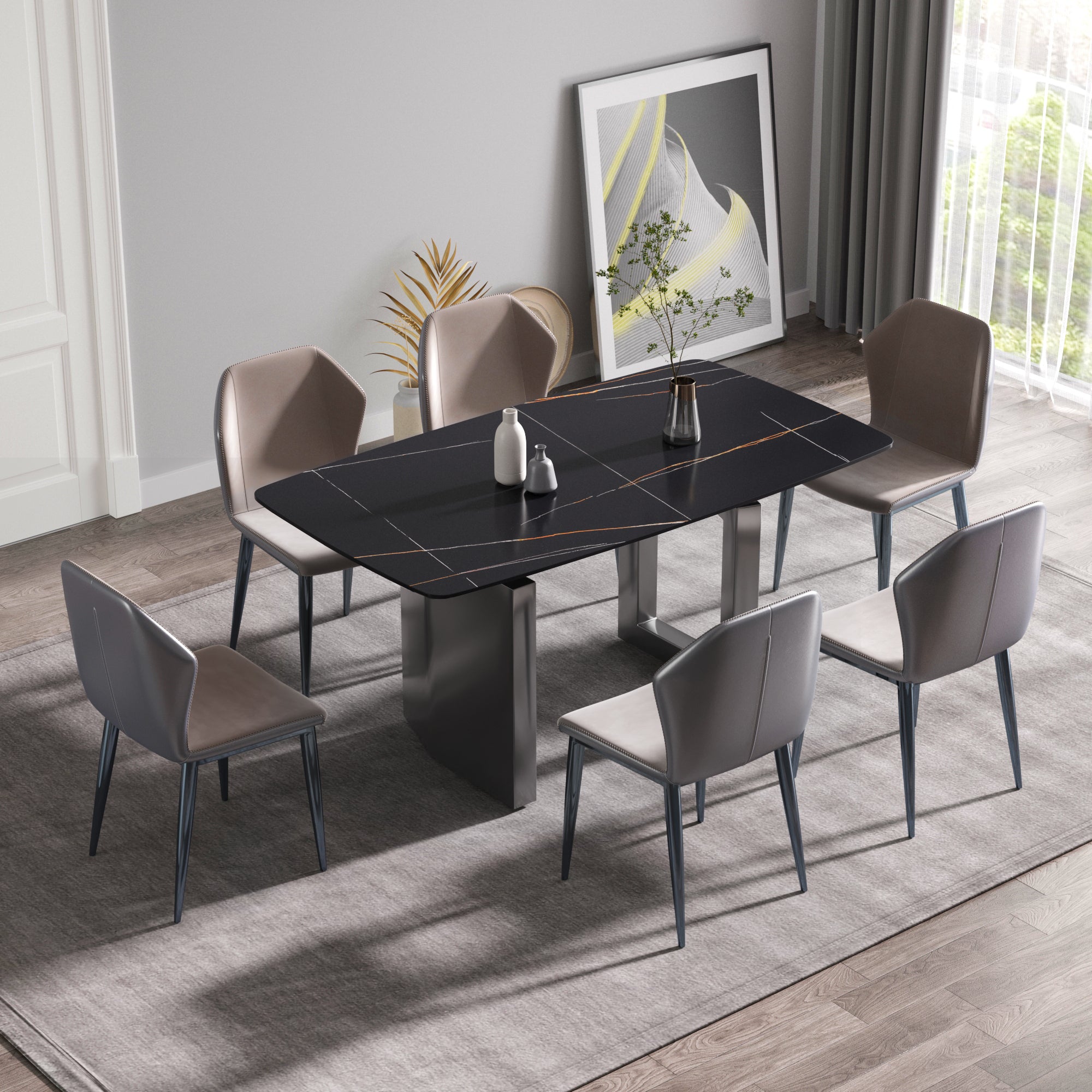 63"Modern artificial stone black curved black metal leg dining table -6 people