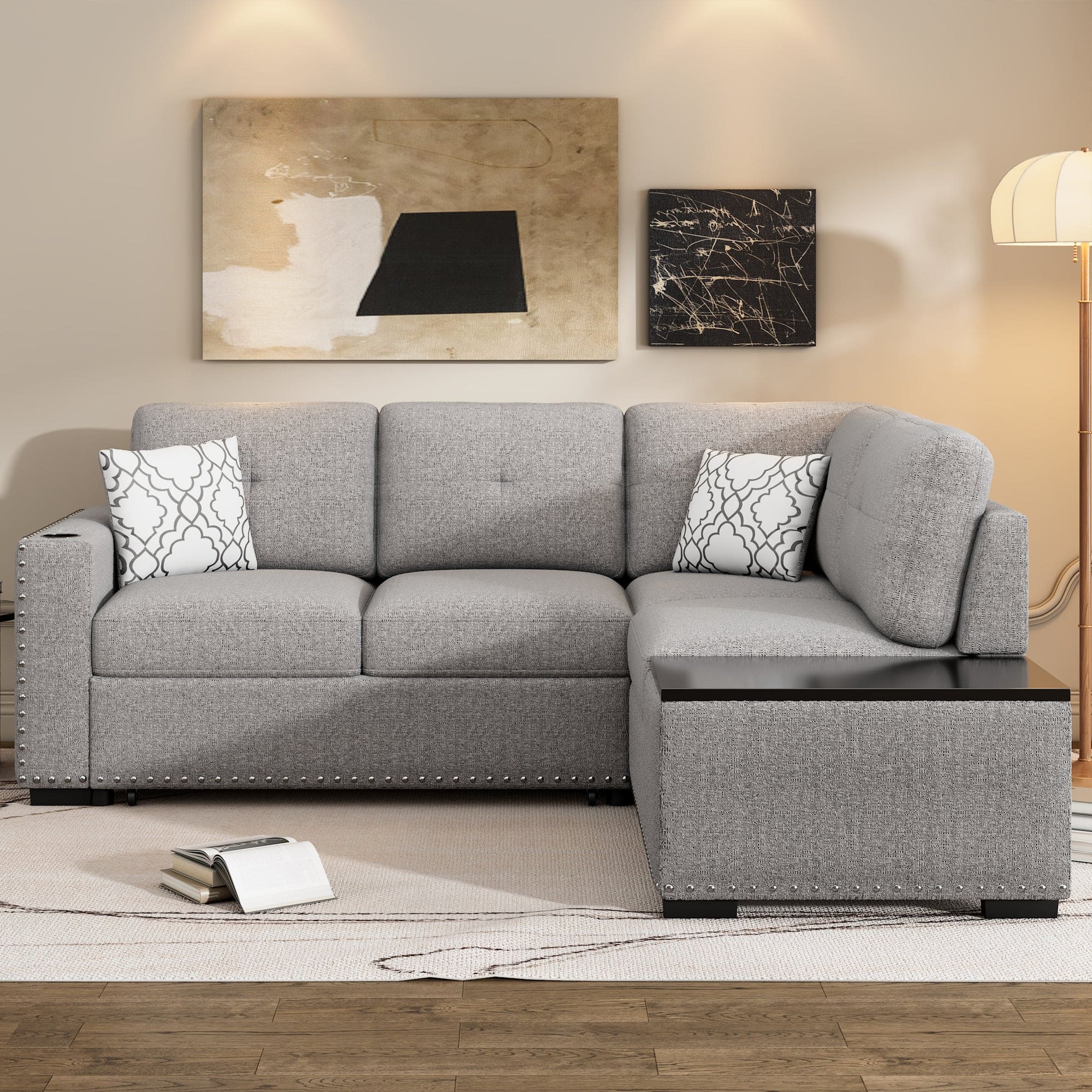 Sofa Bed L-Shaped Corner Sofa, Light Gray