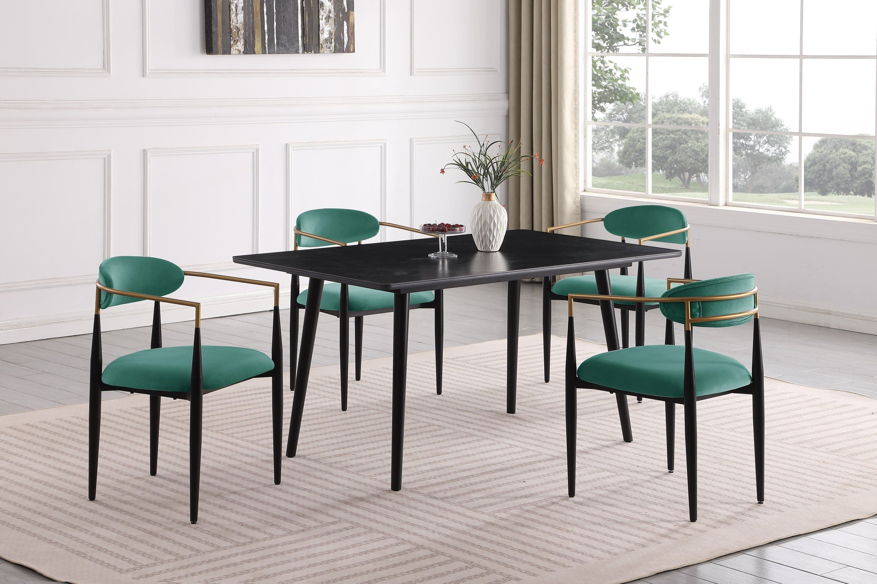 Modern Contemporary 5pc Dining Set Black Sintered Stone Table and Green Chairs Fabric Upholstered Stylish Furniture