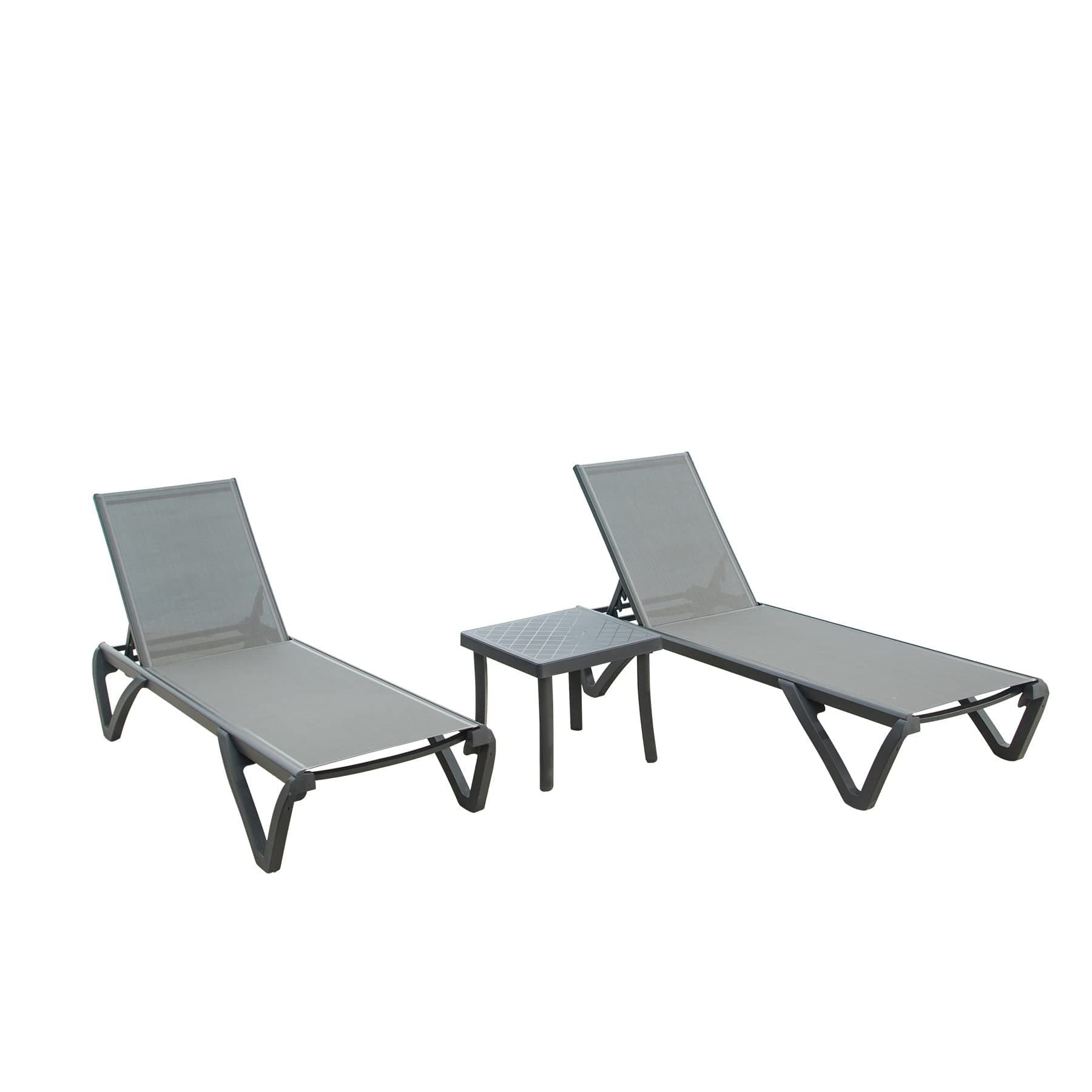 Patio Chaise Lounge Chair Set of 3,Outdoor Aluminum Polypropylene Sunbathing Chair with 5 Adjustable Position,Side Table for Beach,Yard,Balcony,Poolside(Grey,2 Lounge Chair+1 Table)