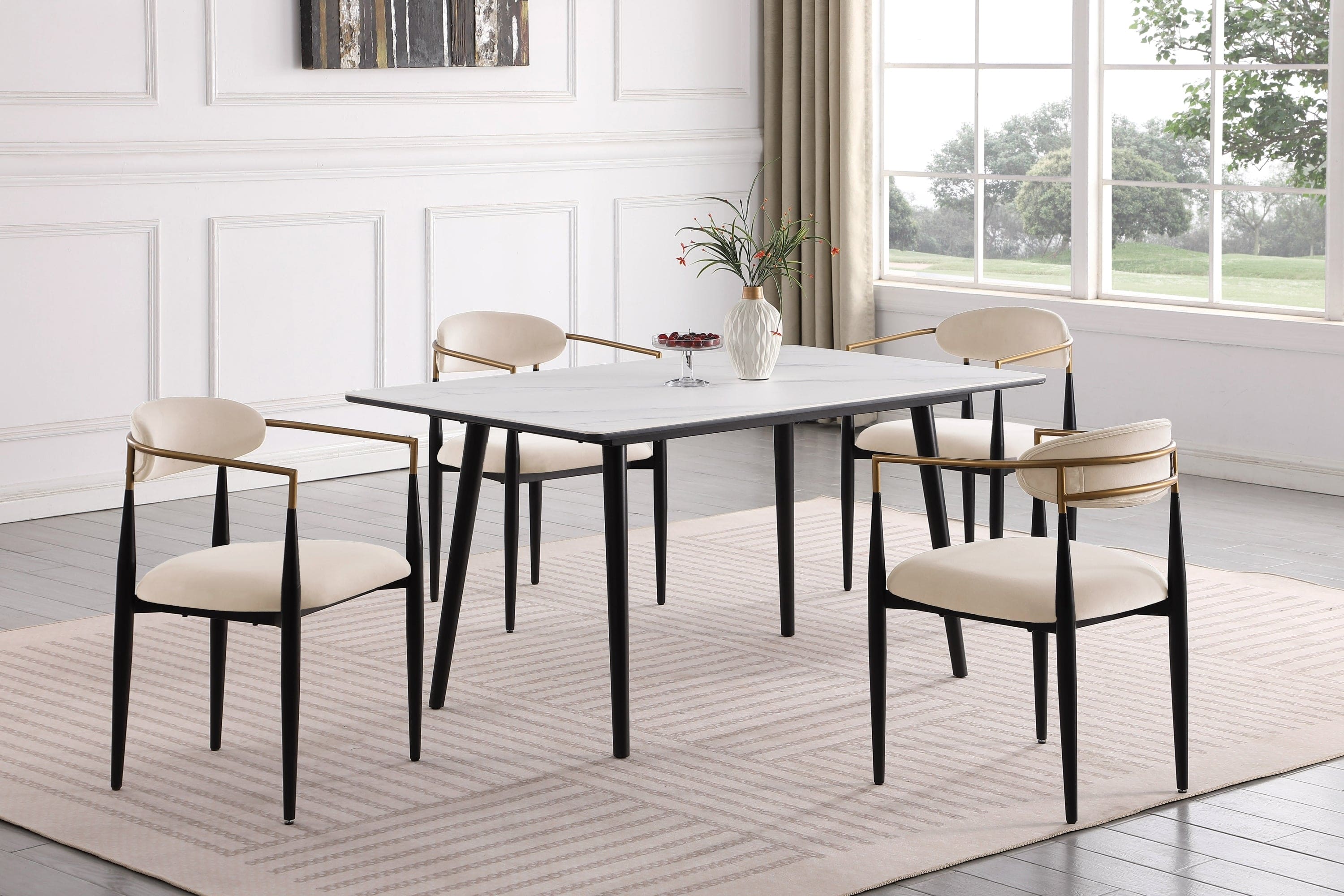 Modern Contemporary 5pc Dining Set White Sintered Stone Table and Taupe Chairs Fabric Upholstered Stylish Furniture