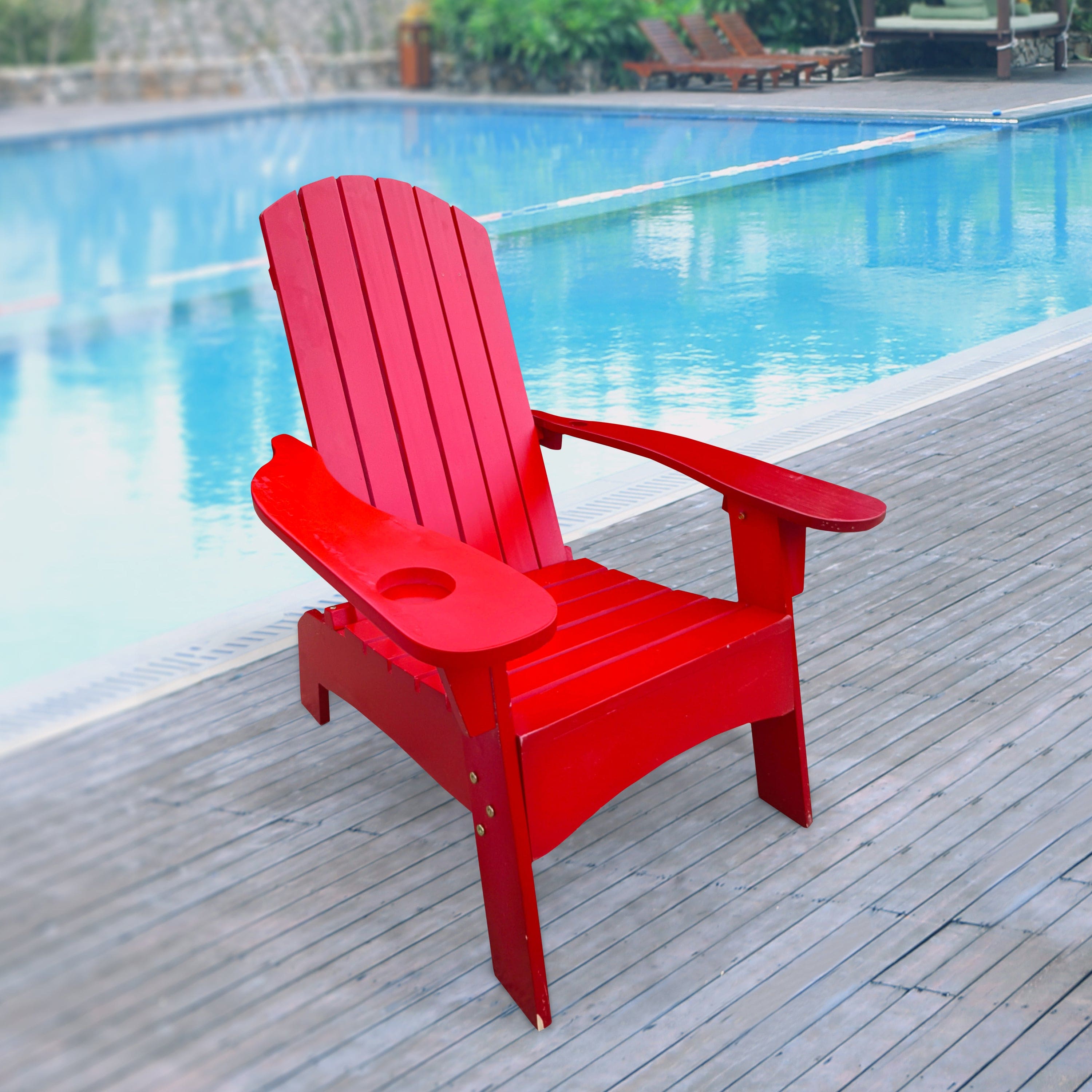 Outdoor or indoor Wood  Adirondack chair  with an hole to hold umbrella on the arm ,red