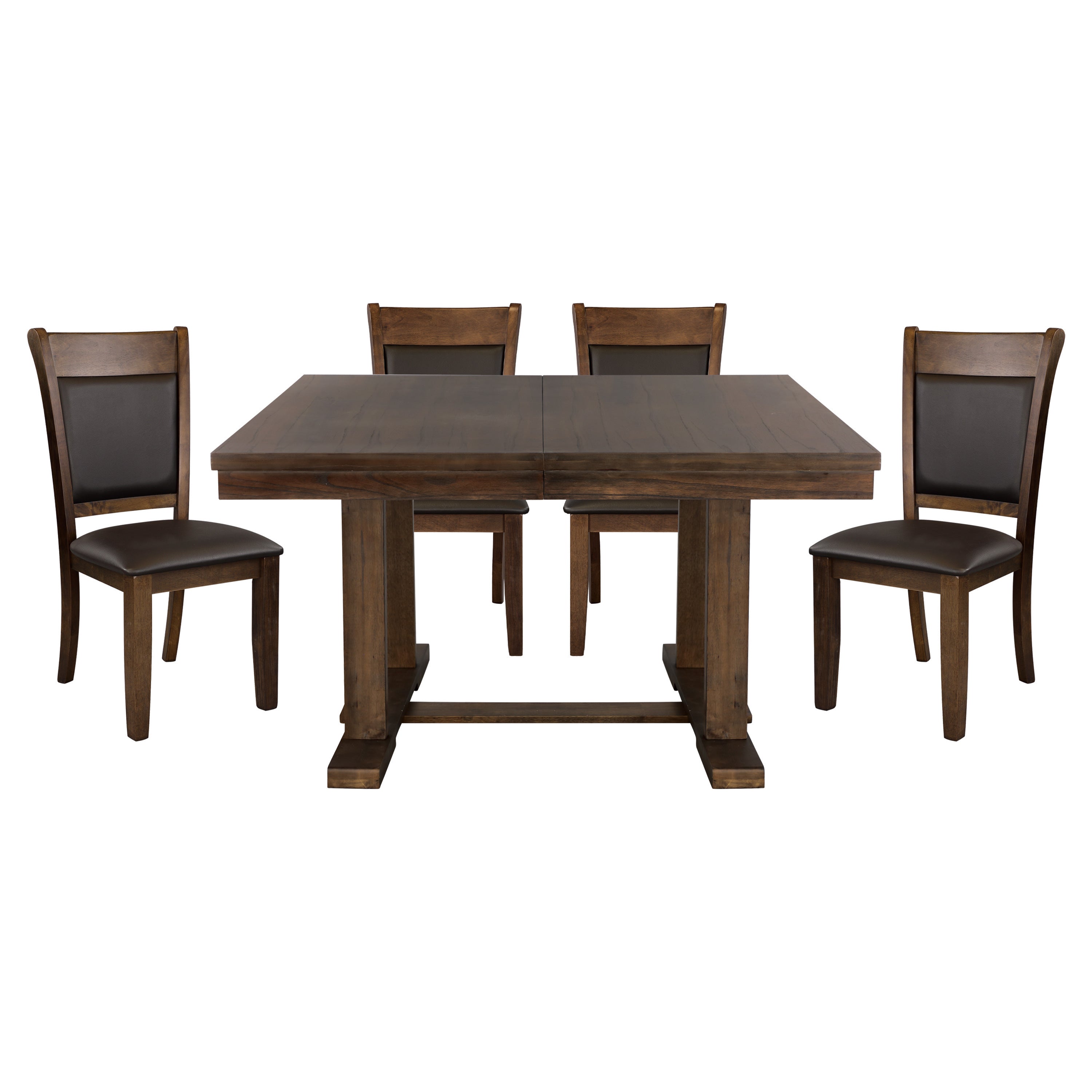 Transitional 5pc Dining Set Table with Self-Storing Leaf and Faux Leather Upholstered 4x Side Chairs Light Rustic Brown Finish Dining Room Furniture