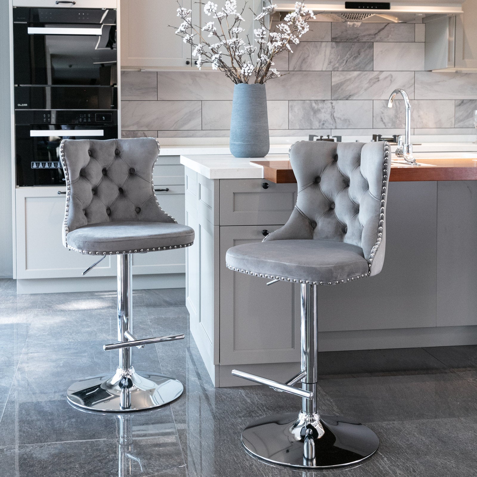 A&A Furniture,Swivel Velvet Barstools Gray Set of 2