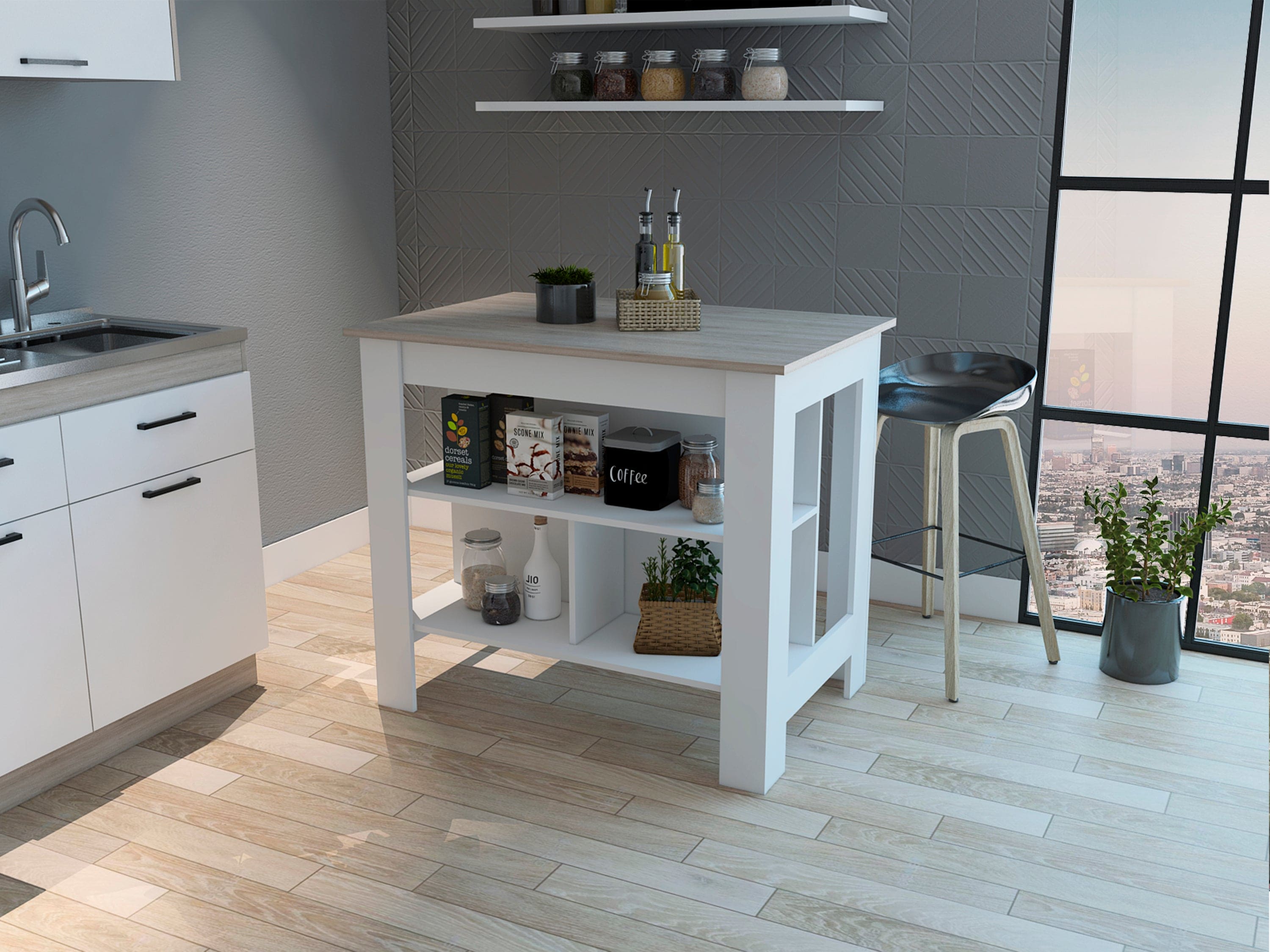 Rockaway 3-Shelf Kitchen Island White and Light Grey