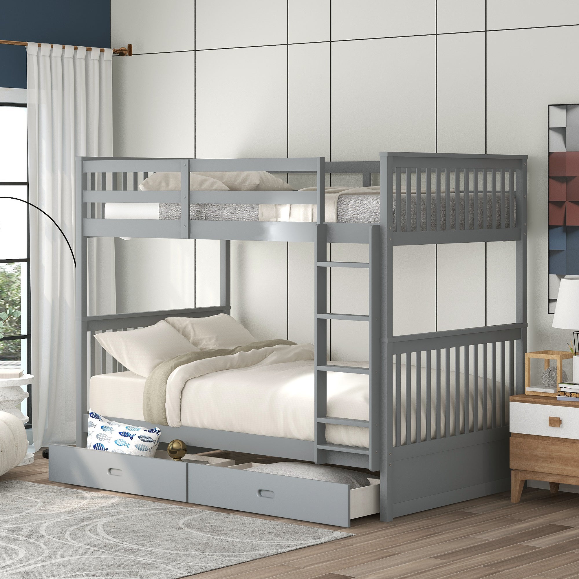 Twin-Over-Twin Bunk Bed with Ladders and Two Storage Drawers (Gray)(LT000265AAE)