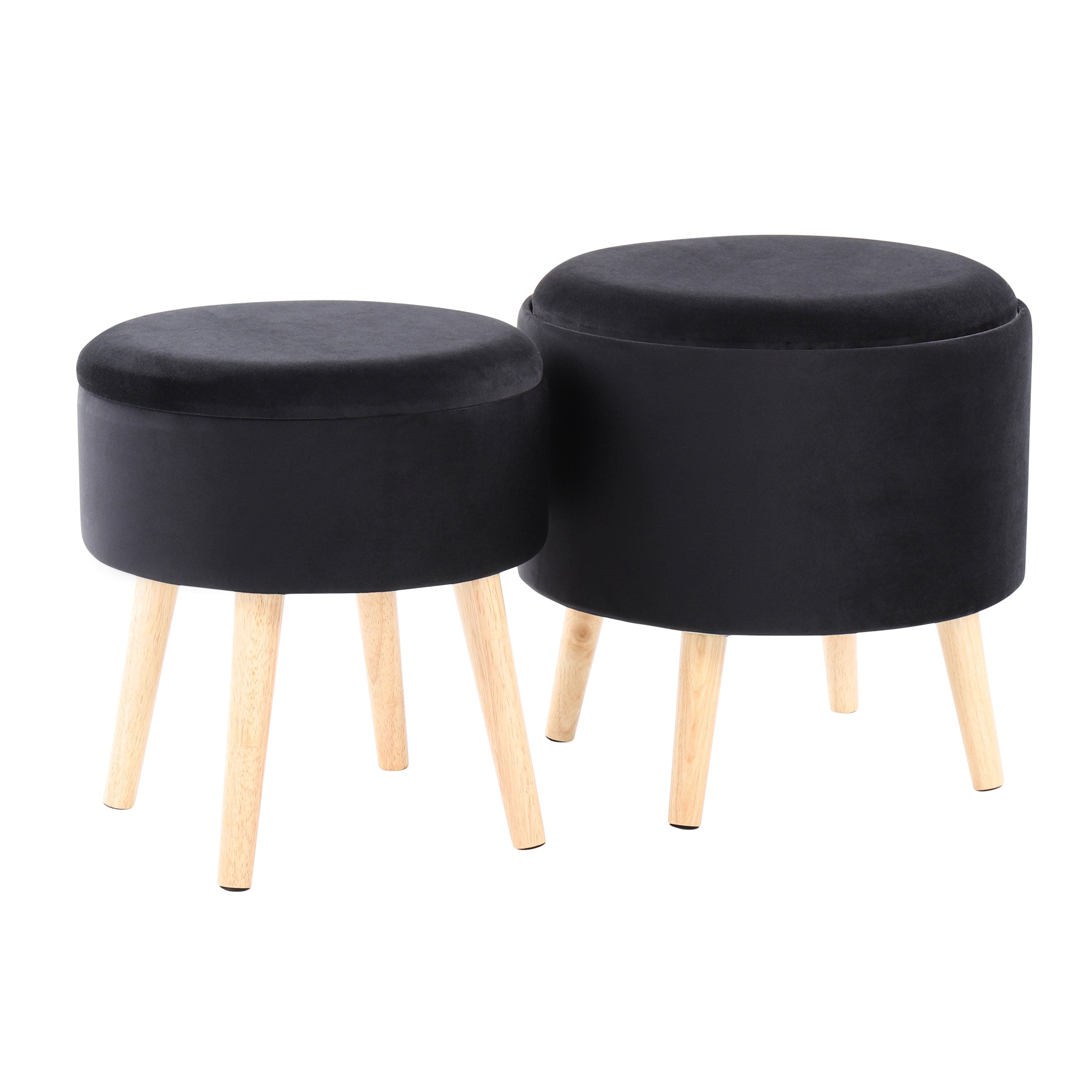 Tray Contemporary Storage Ottoman with Matching Stool in Black Velvet and Natural Wood Legs by LumiSource