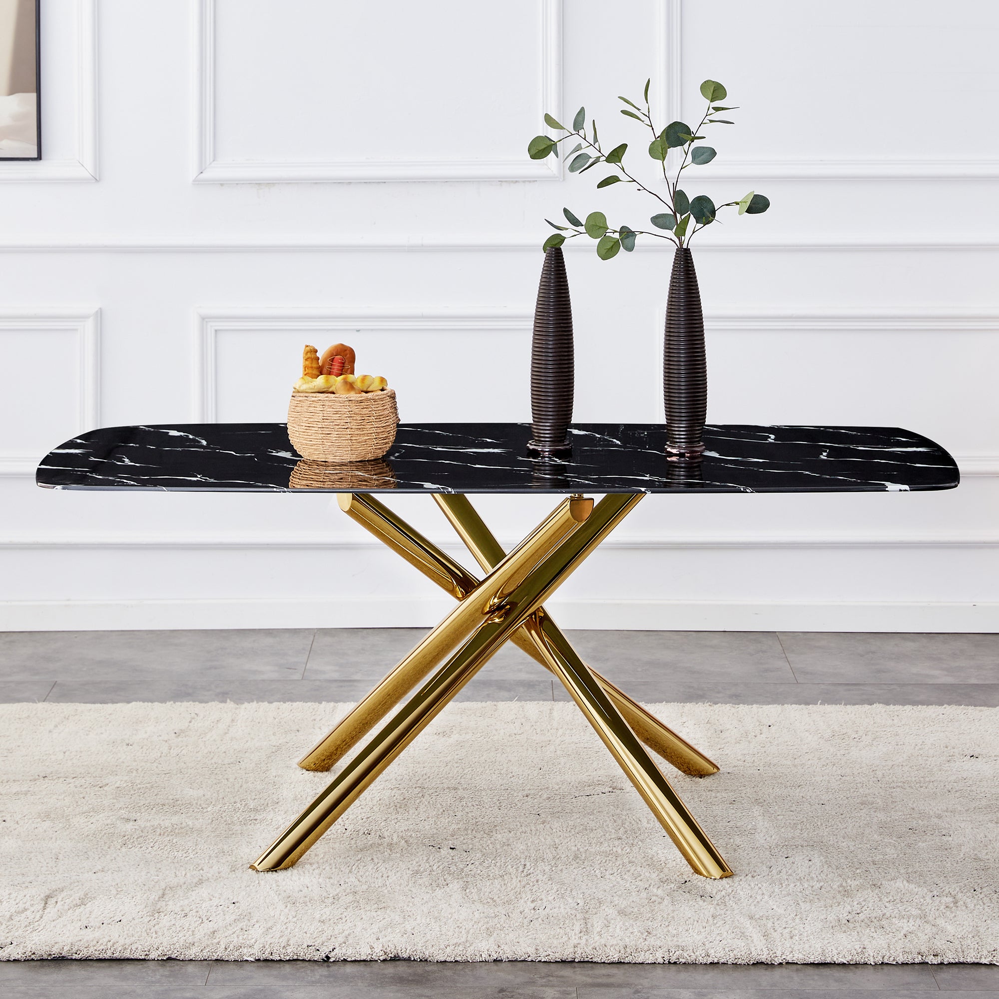 Large modern minimalist rectangular dining table with 0.39 "imitation marble black tabletop and golden metal legs, for Kitchen Dining Living Meeting Room Banquet hall 1537