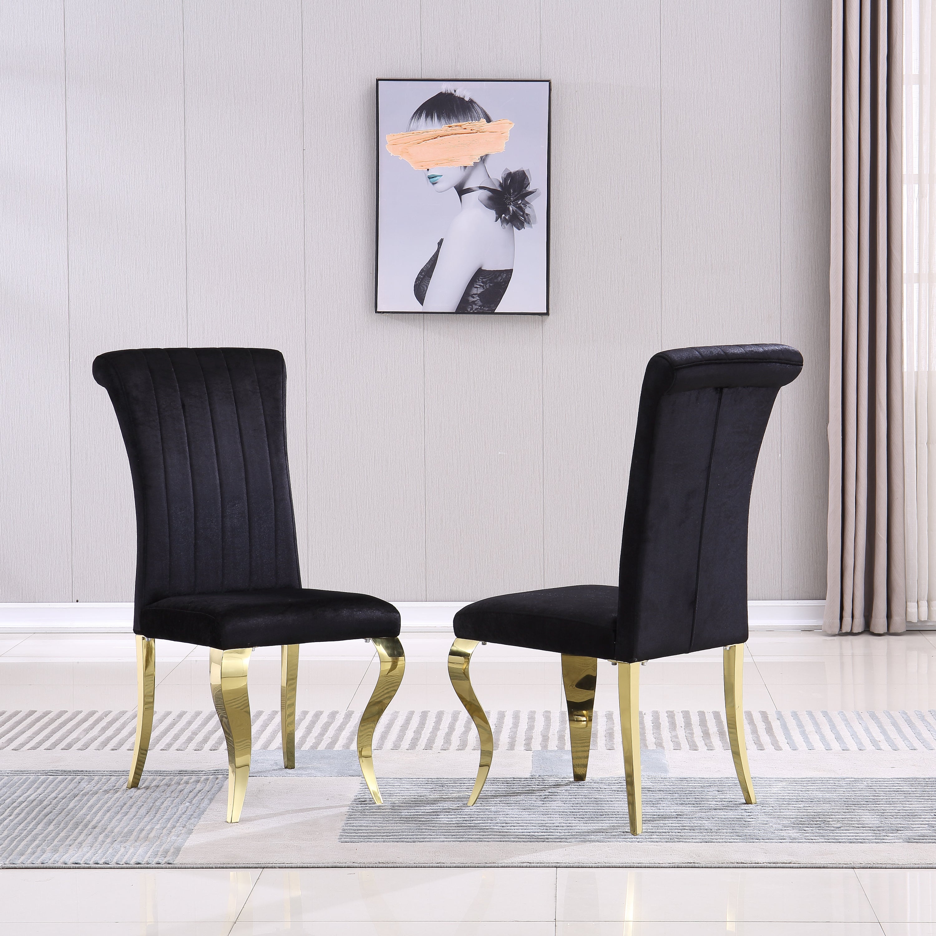 Modern Velvet Dining Chairs Set of 2, Upholstered Accent Armless Chairs with Stripe Backrest