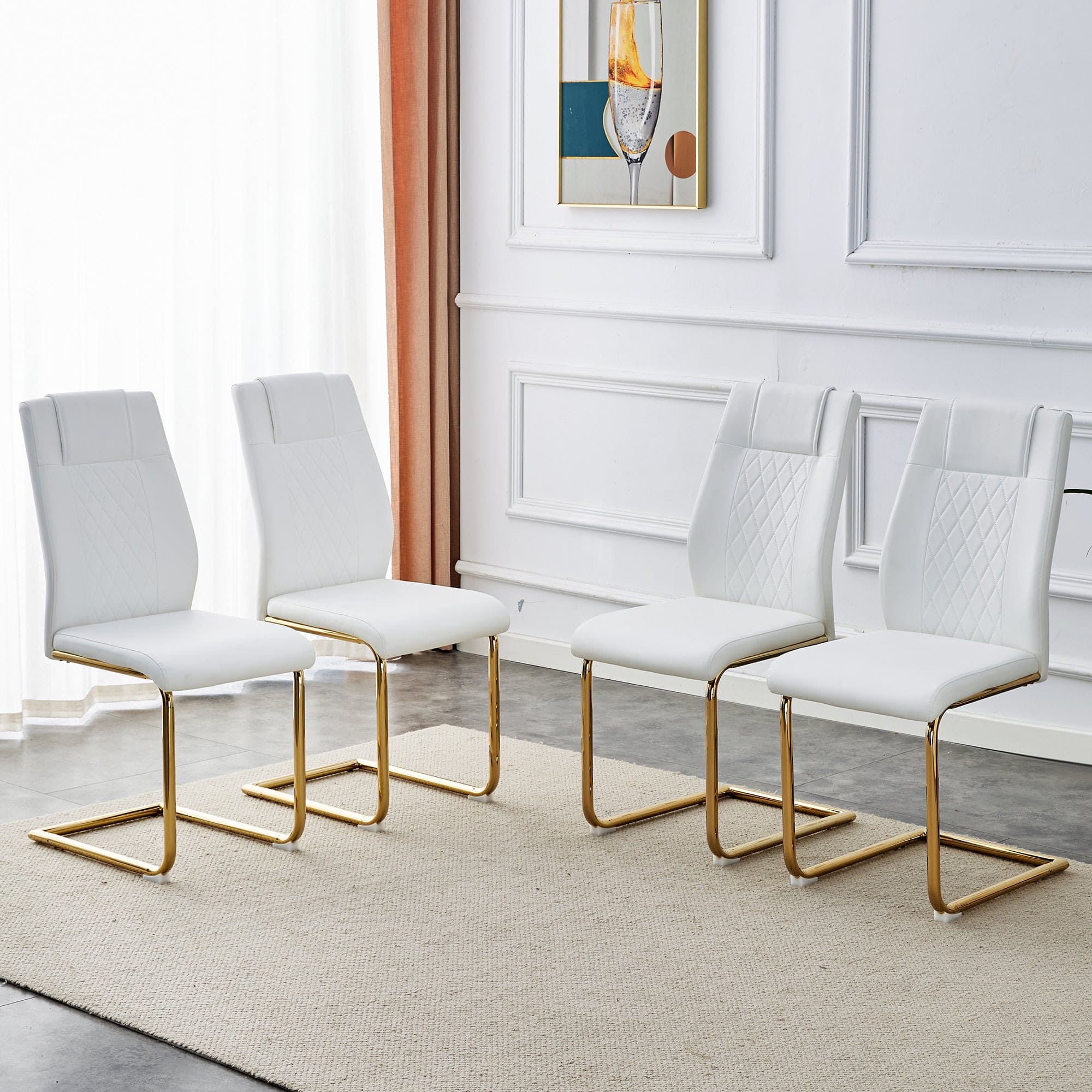 Modern dining chairs, dining room chairs, and golden leg cushioned chairs made of artificial leather, suitable for kitchens, living rooms, bedrooms, and offices. Set of 4 pieces (white+PU)C-001