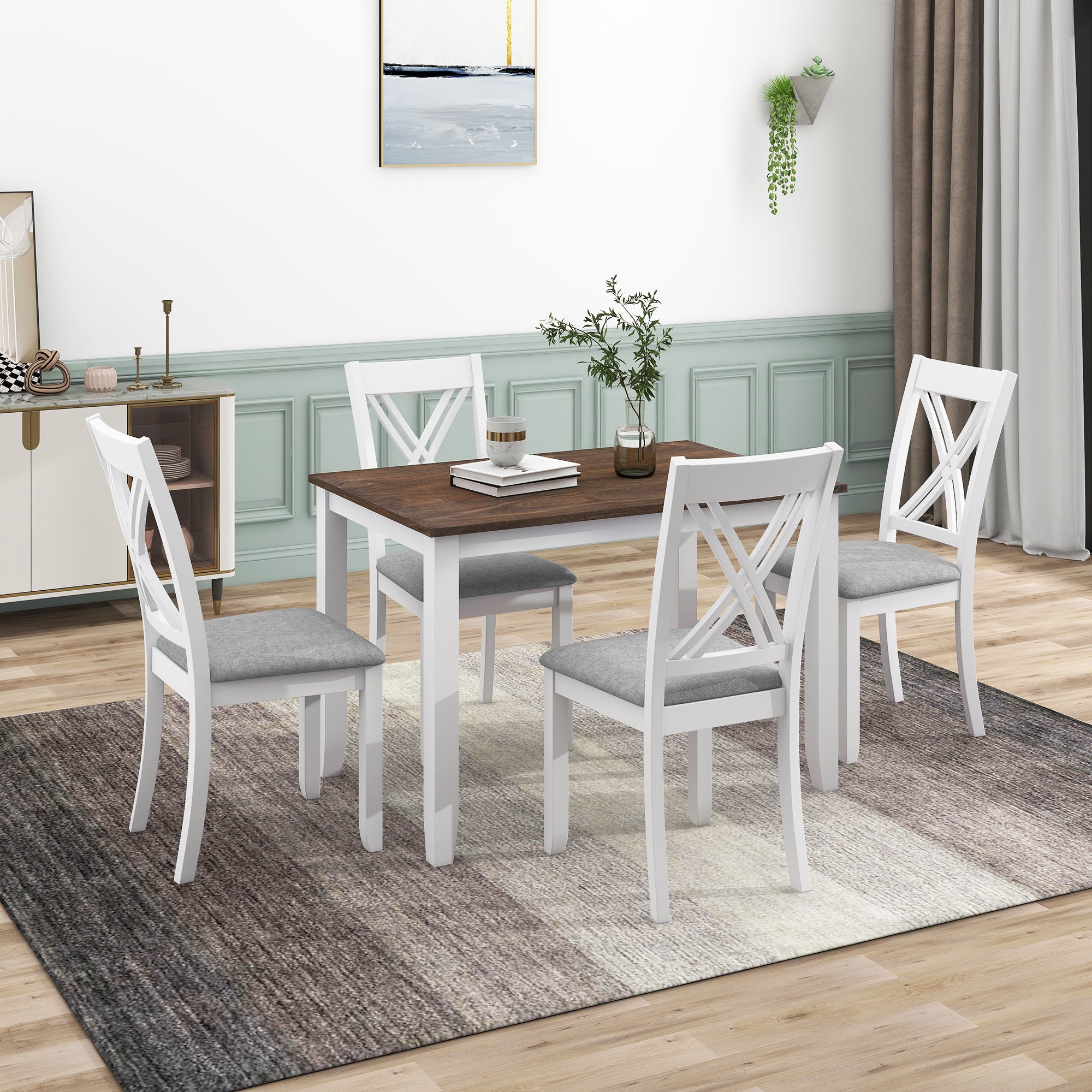 TOPMAX Rustic Minimalist Wood 5-Piece Dining Table Set with 4 X-Back Chairs for Small Places, White