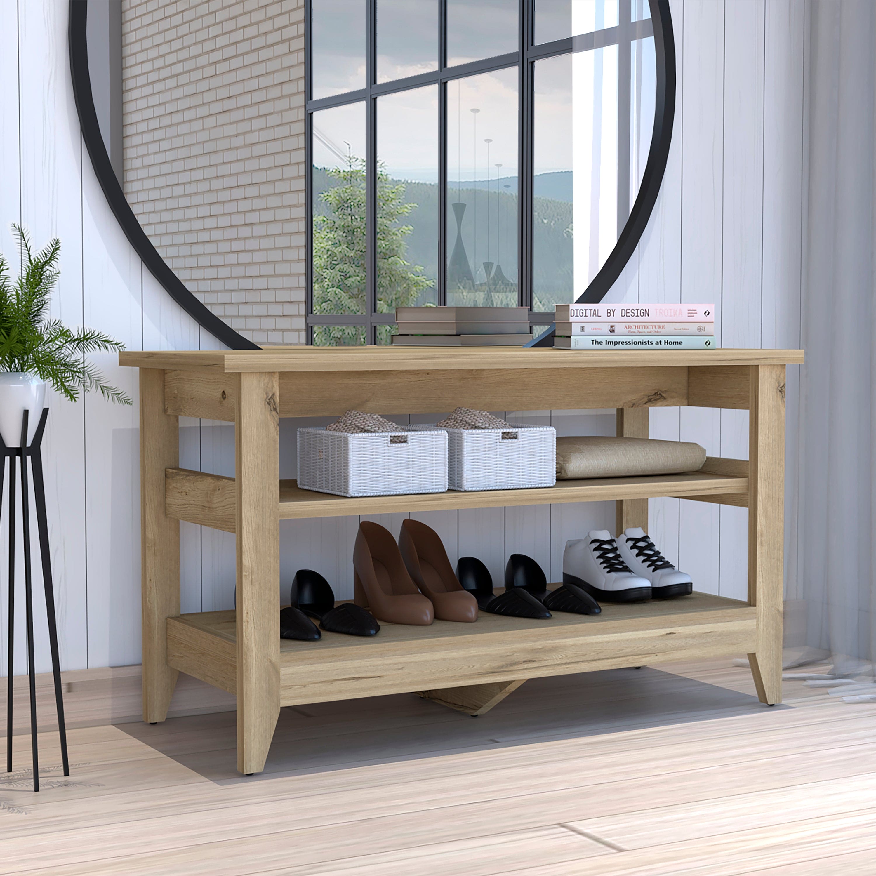 Misuri Storage Bench, Four Legs, Two Open Shelves -Light Oak