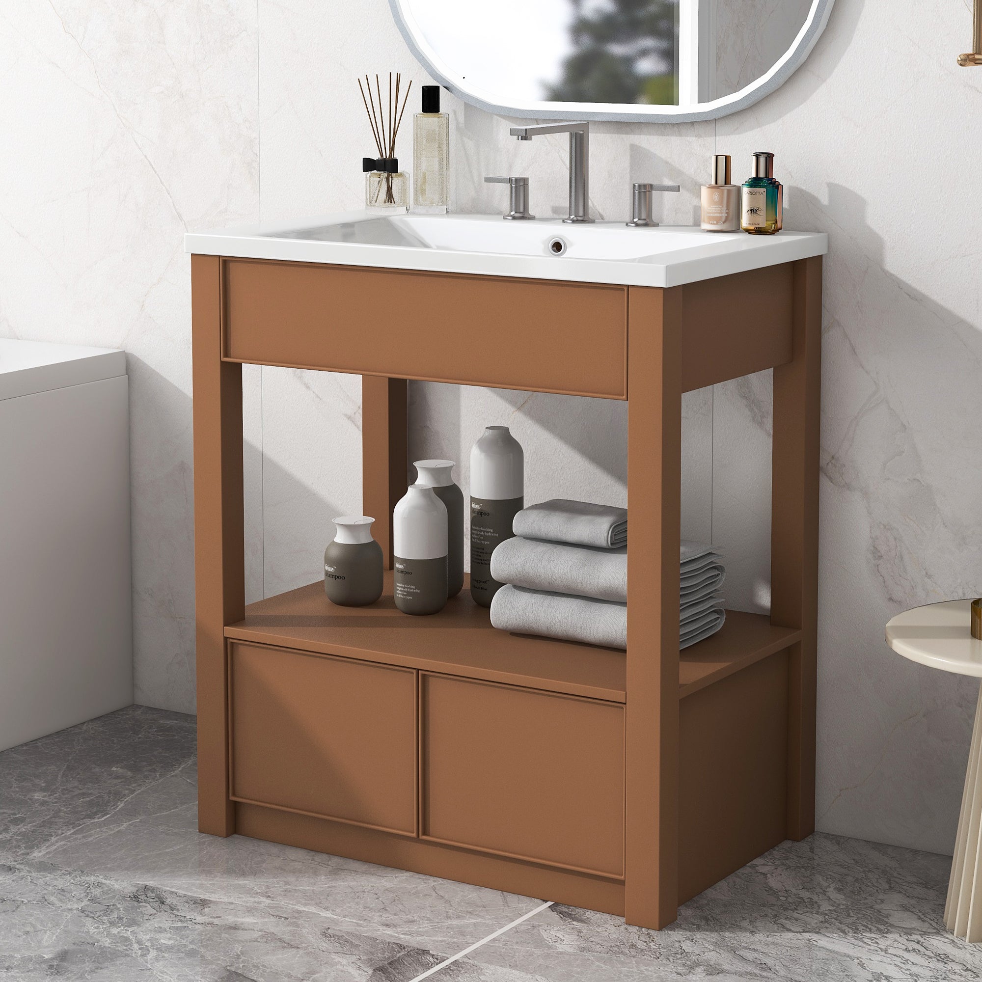 30" Bathroom Vanity with Sink Top, Bathroom Cabinet with Open Storage Shelf and Two Drawers, Brown