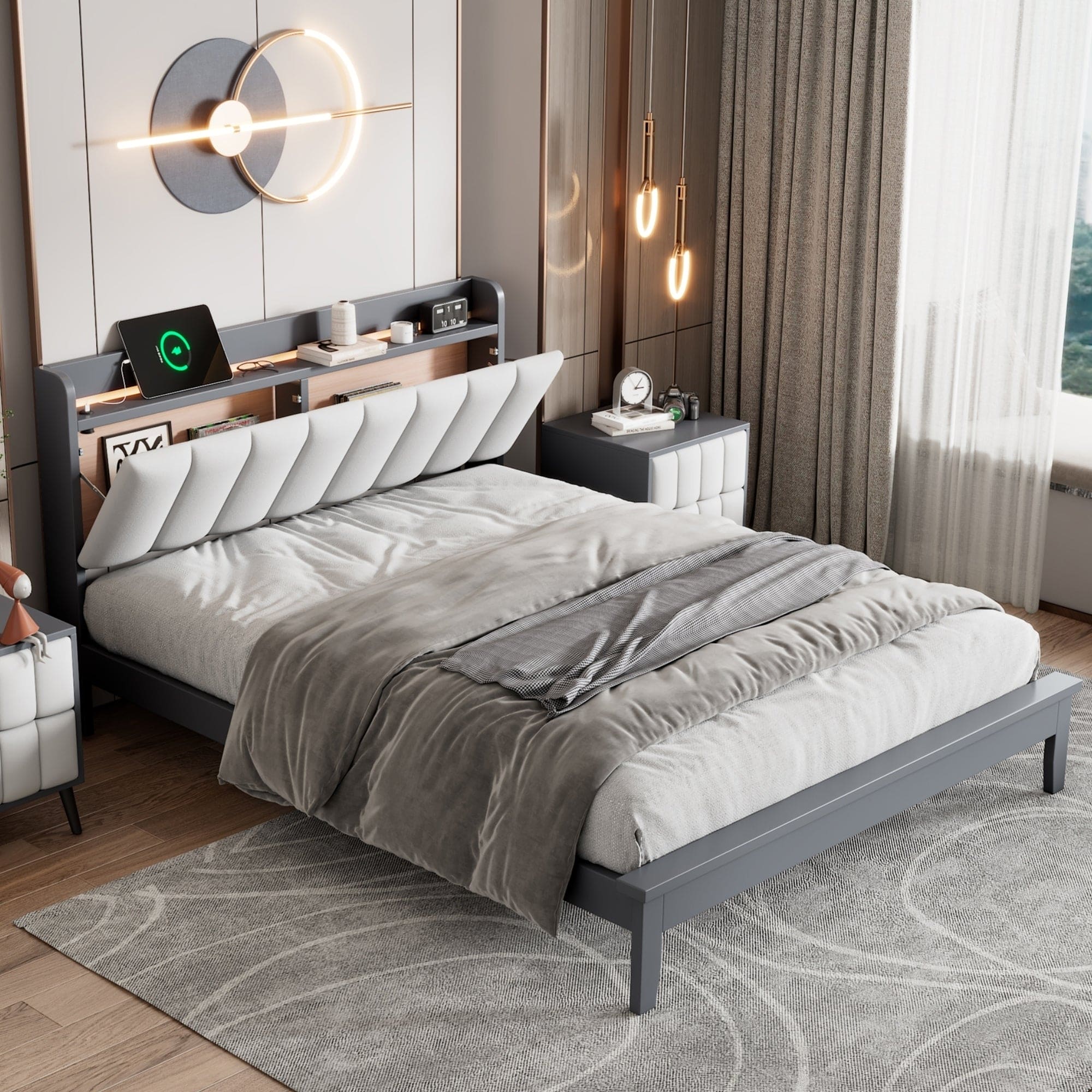 Queen size Platform Bed with USB Charging Station and Storage Upholstered Headboard,LED Bed Frame,No Box Spring Needed,Gray+White