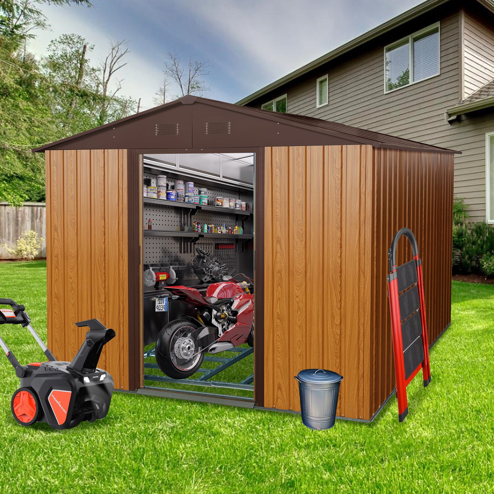 10ft x 8ft Outdoor Metal Storage Shed with Metal Floor Base,Coffee