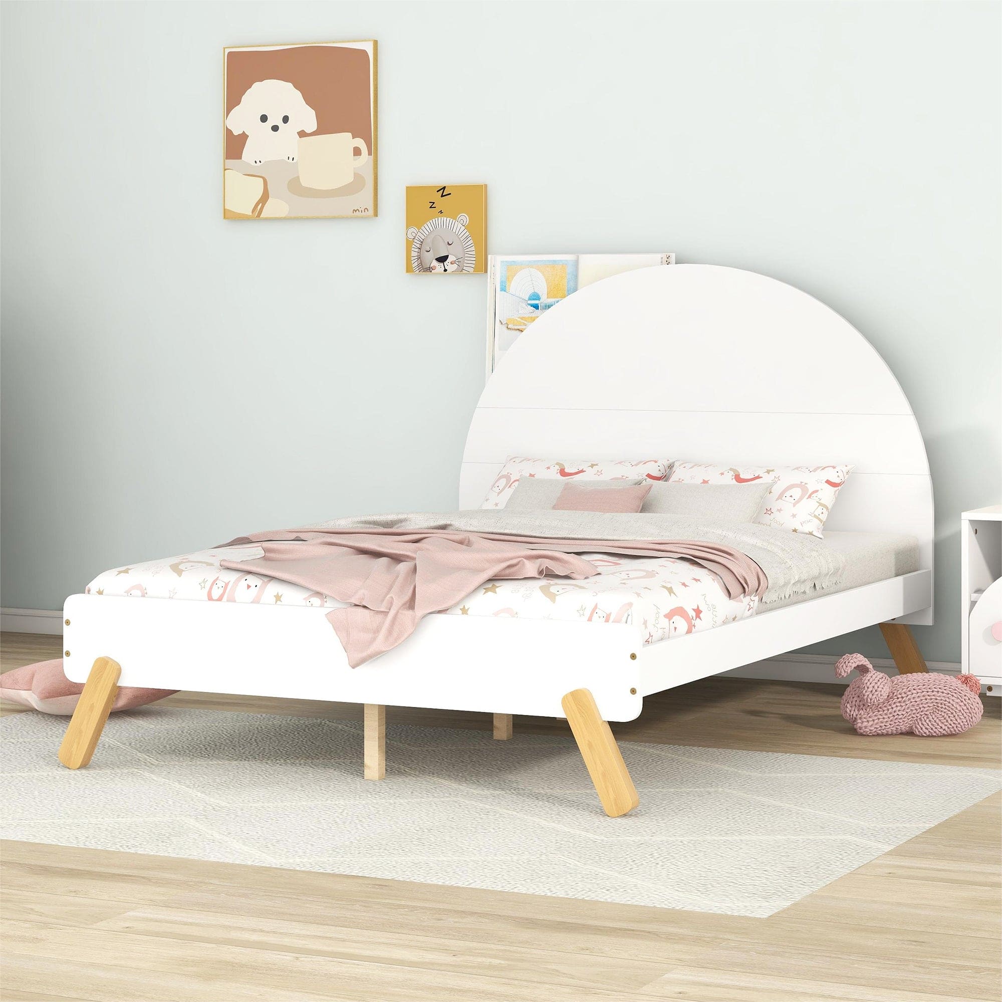 Wooden Cute Platform Bed With Curved Headboard ,Full Size Bed With Shelf Behind Headboard,White