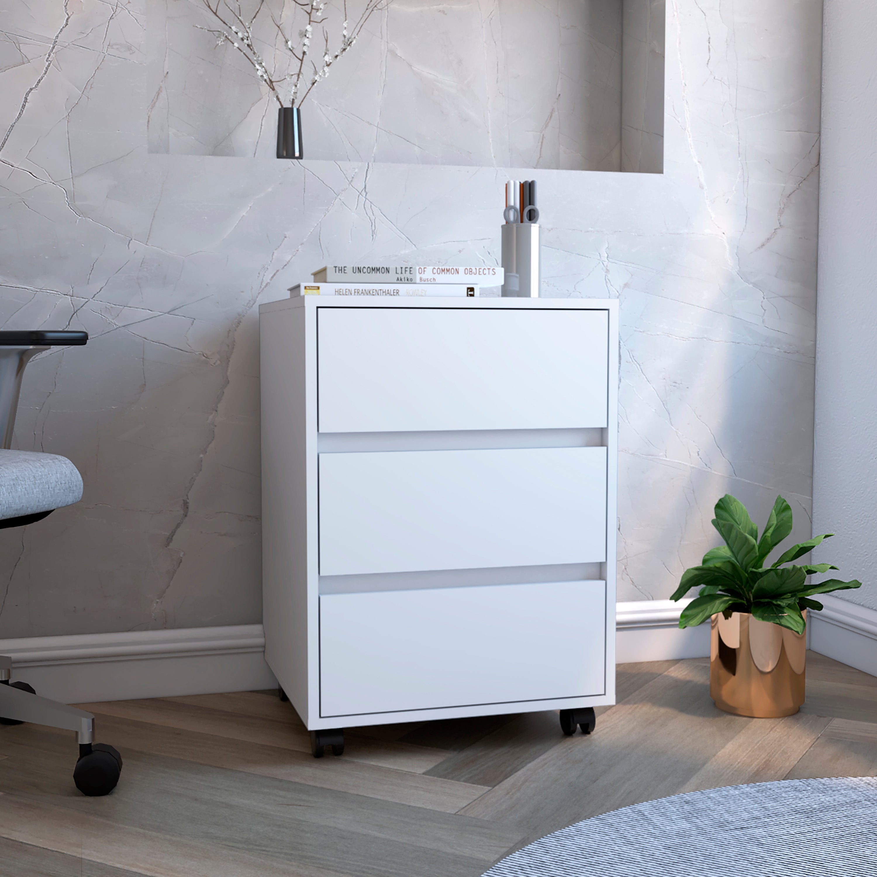 Three Drawers Bang, Filing Cabinet, Roller Blade Glide, White Finish