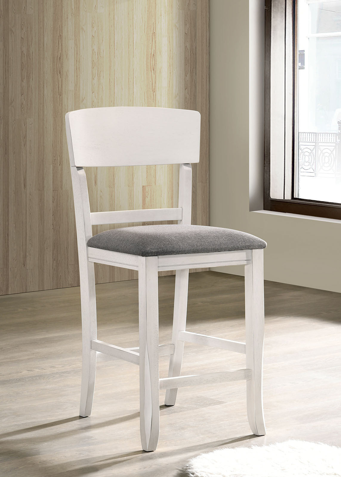 Contemporary Dining Room Counter Height Chairs Set of 2 Chairs only White Solid wood Gray Padded Fabric Seat