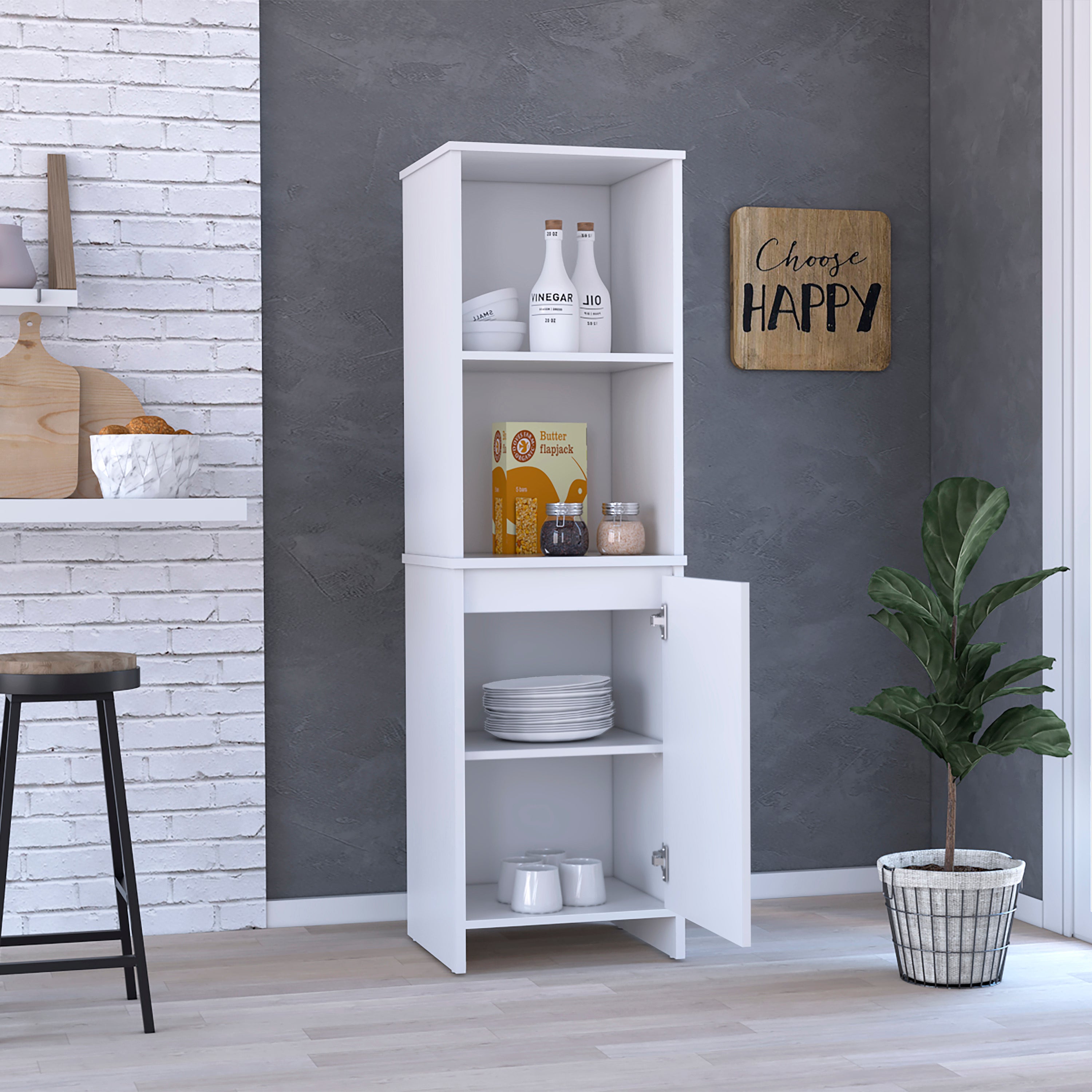 Kitchen Pantry Feery, Single Door Cabinet, Interior and External Shelves, White Finish