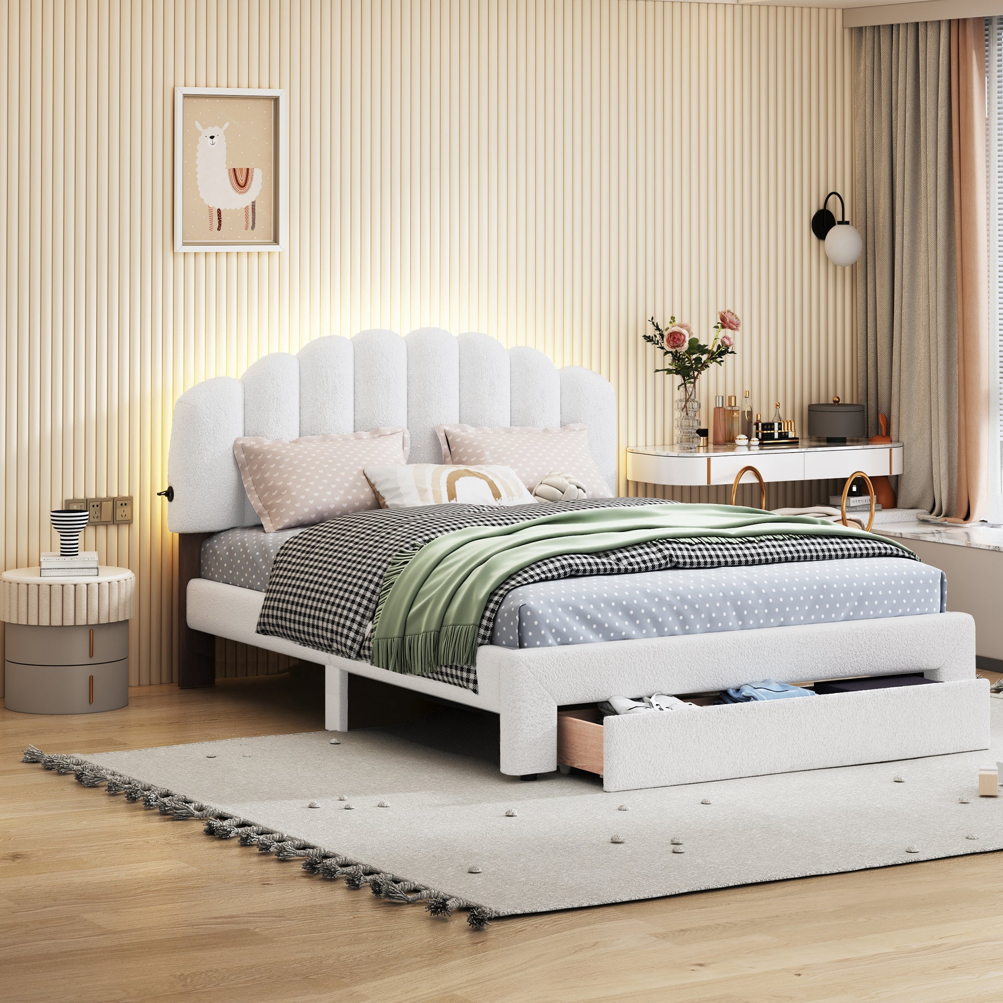 Teddy Fleece Queen Size Upholstered Platform Bed with Drawer, White