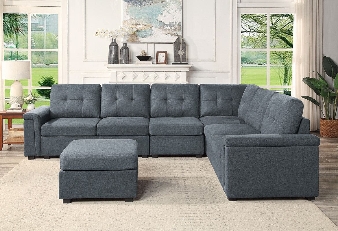 Isla Gray Woven Fabric 7-Seater Sectional Sofa with Ottoman