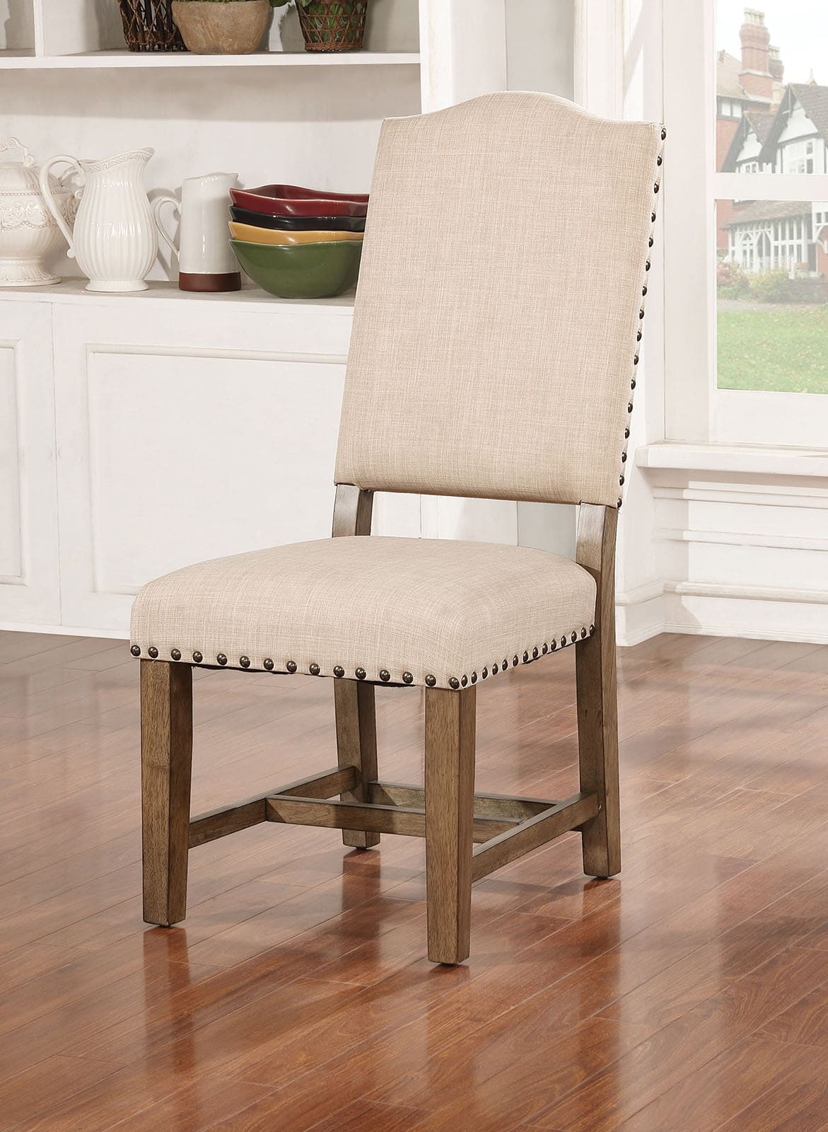 Rustic Classic 2pcs Dining Chairs Beige Fabric Upholstered Cushion Side Chairs Nailhead Trim Kitchen Dining Room Solid wood Light Oak