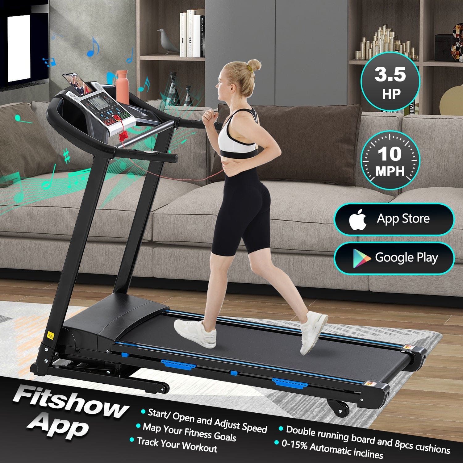 Treadmills for Home, Electric Treadmill with  Automatic Incline, Foldable 3.25HP Workout Running Machine Walking, Double Running Board Shock Absorption Pulse Sensor Bluetooth Speaker APP FITSHOW.