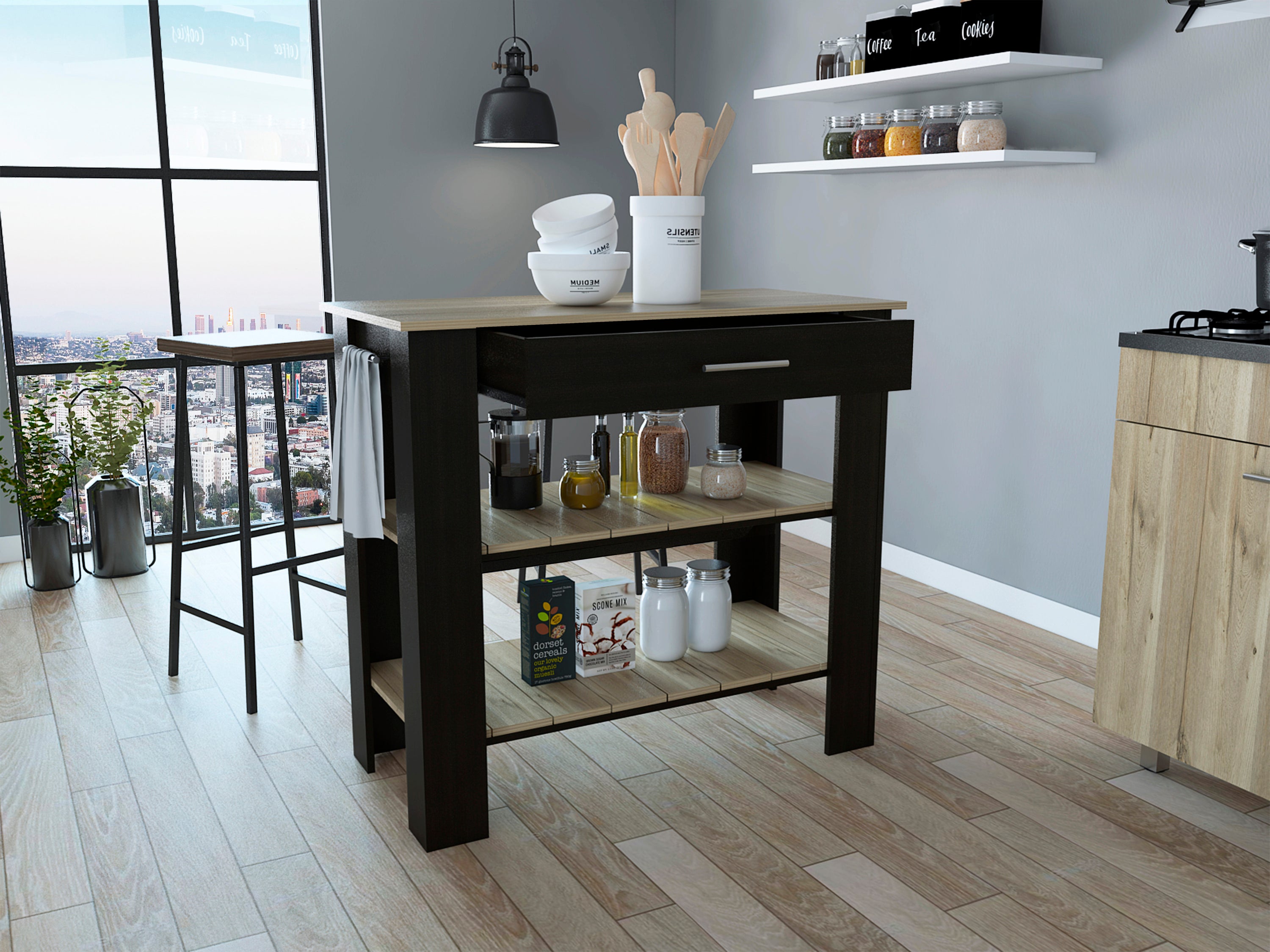 Rockaway 1-Drawer 2-Shelf Kitchen Island Black Wengue and Light Oak