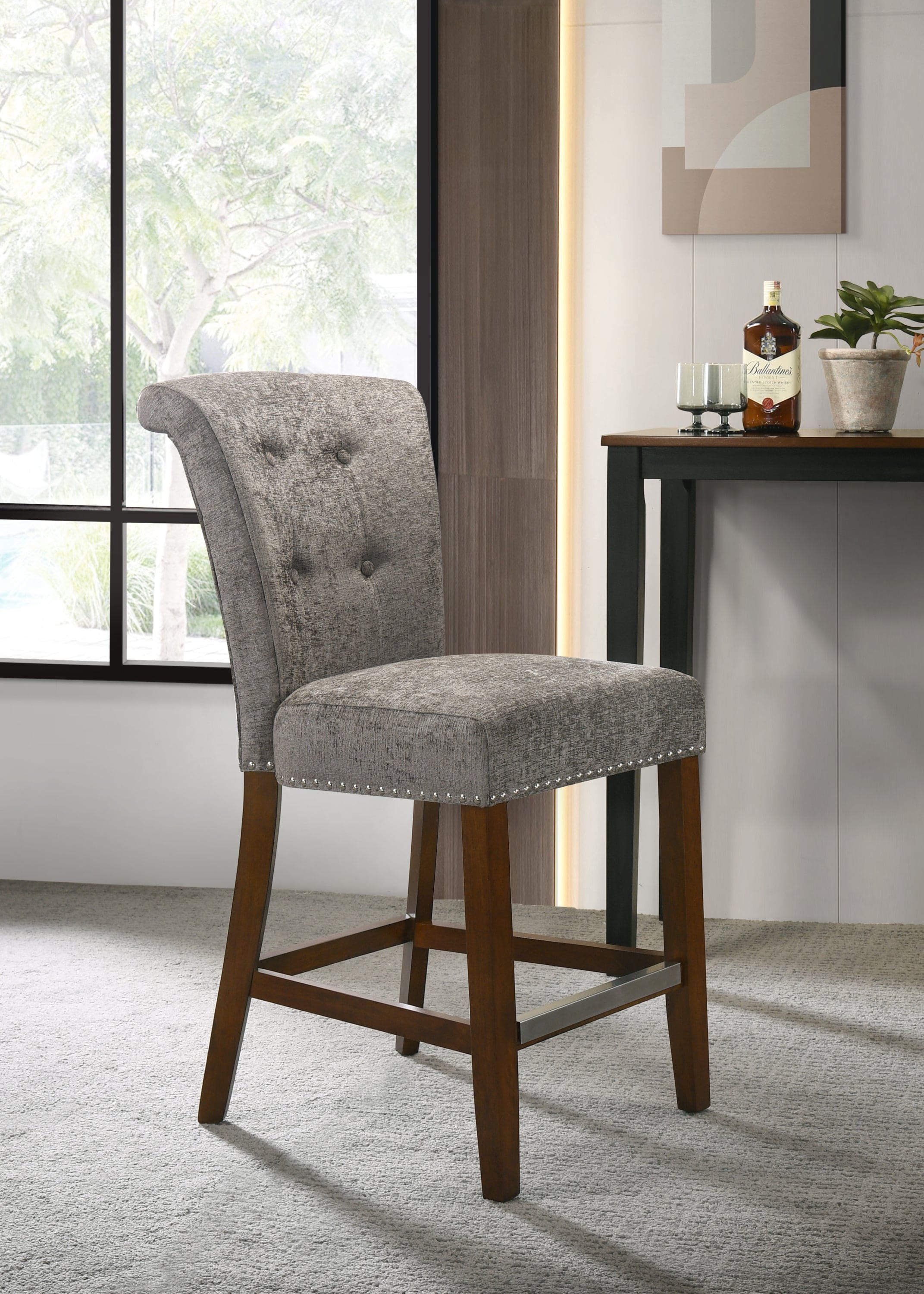 Auggie Gray Fabric Counter Height Chair with Nailhead Trim