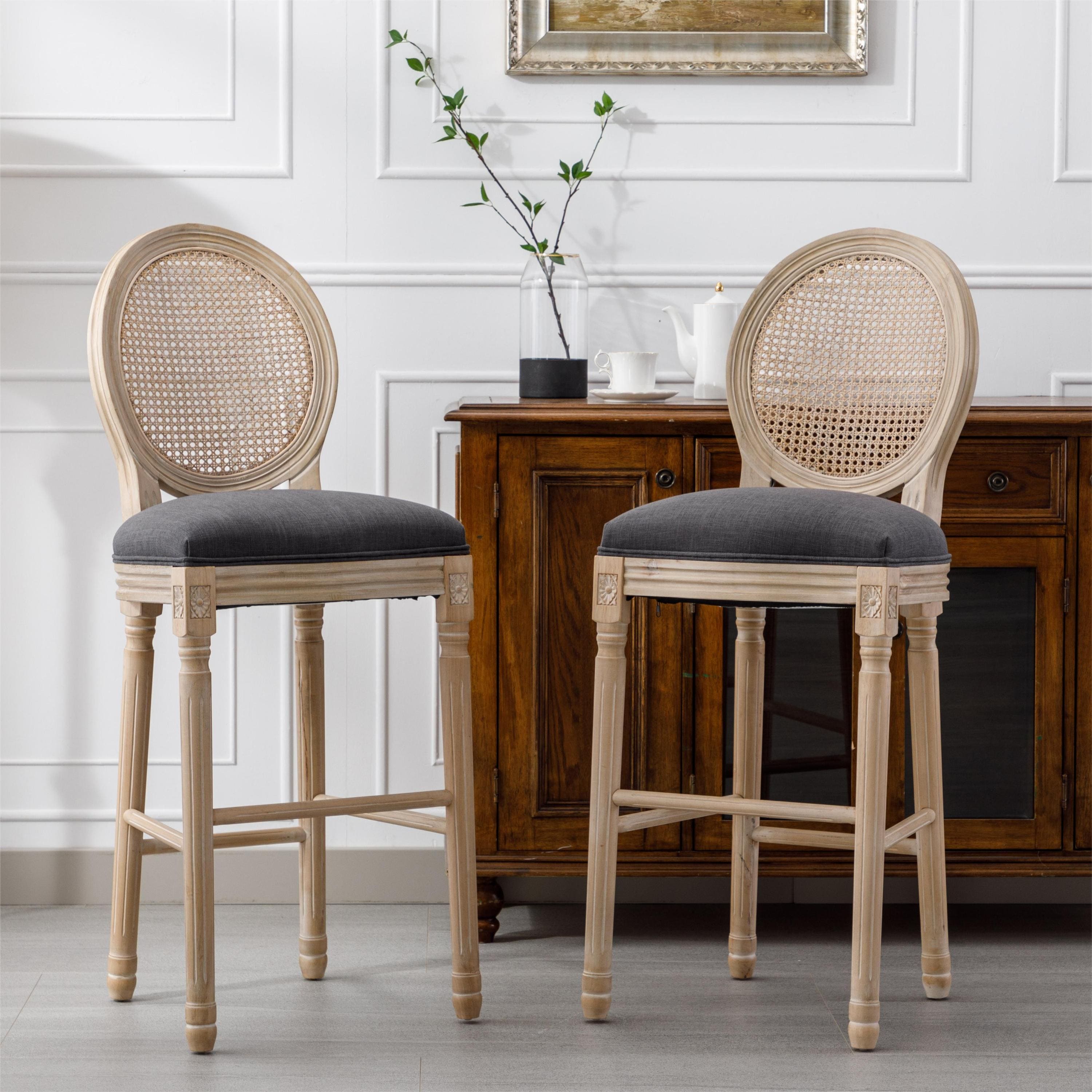 French Country Wooden Barstools Rattan Back With Upholstered Seating , Dark Grey，Set of 2