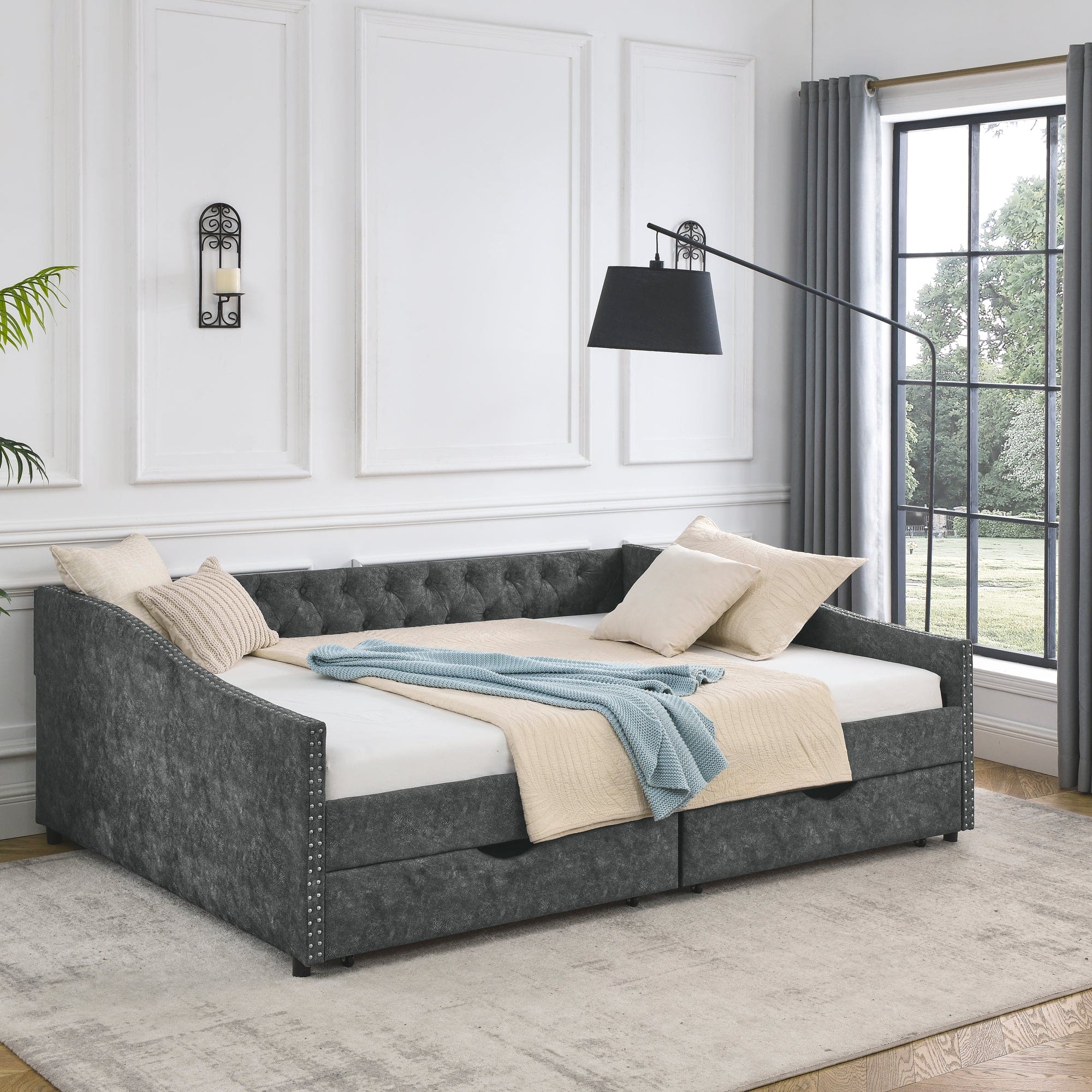 Queen Size Daybed with Drawers Upholstered Tufted Sofa Bed,,with Button on Back and Copper Nail on Waved Shape Arms, Grey (84.5"x63.5"x26.5")