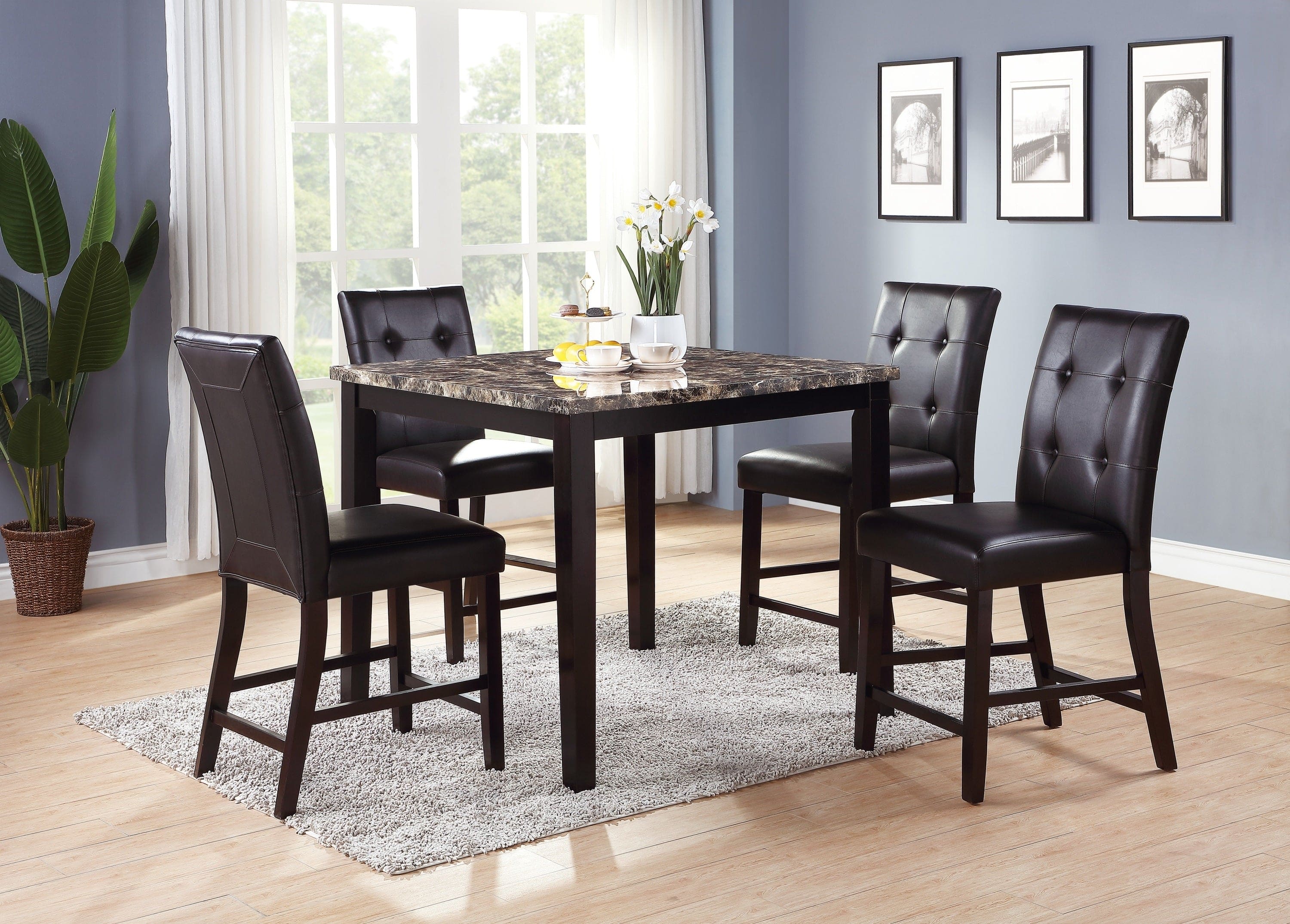 Contemporary Counter Height Dining 5pc Set Table w 4x Chairs Brown Finish Birch Faux Marble Table Top Tufted Chairs Cushions Kitchen Dining Room Furniture Dinette