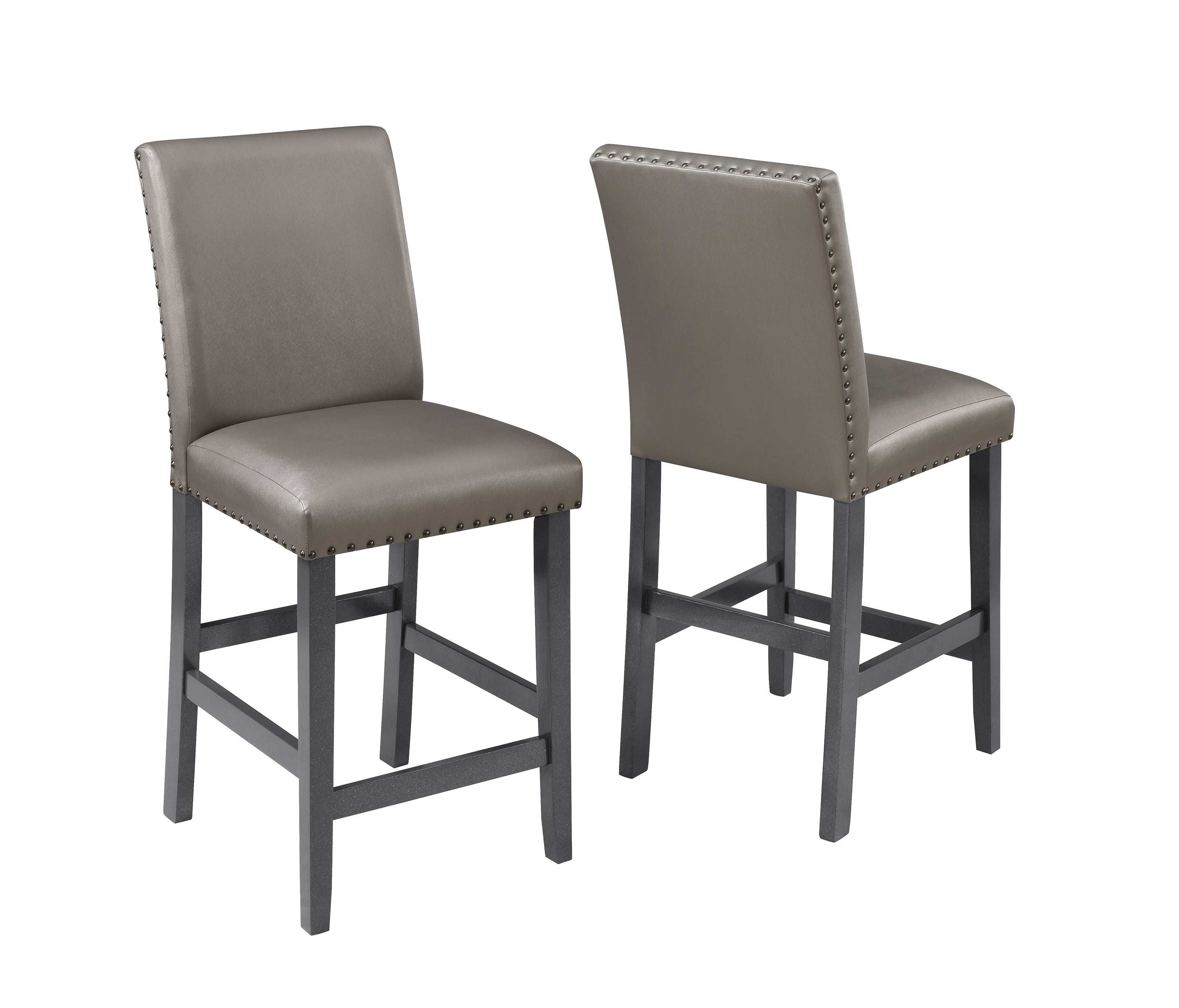 Traditional Modern 2pc Set Counter Height Dining Side Chairs Upholstered PU Fabric Zinc Gunmetal Brown Two-Tone Finish Nailhead Trim Dining Room Furniture