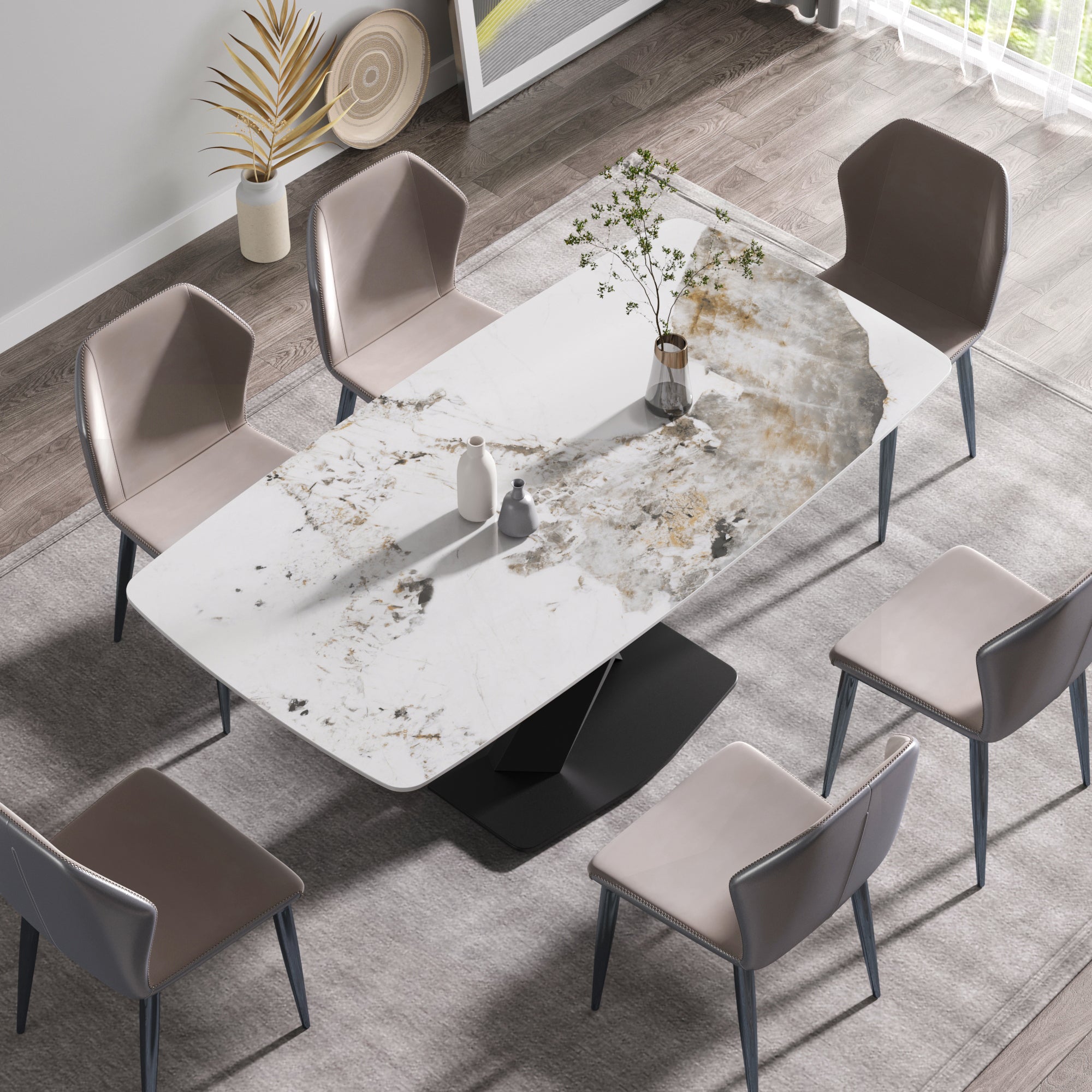 70.87"Modern artificial stone Pandora white curved black metal leg dining table-can accommodate 6-8 people